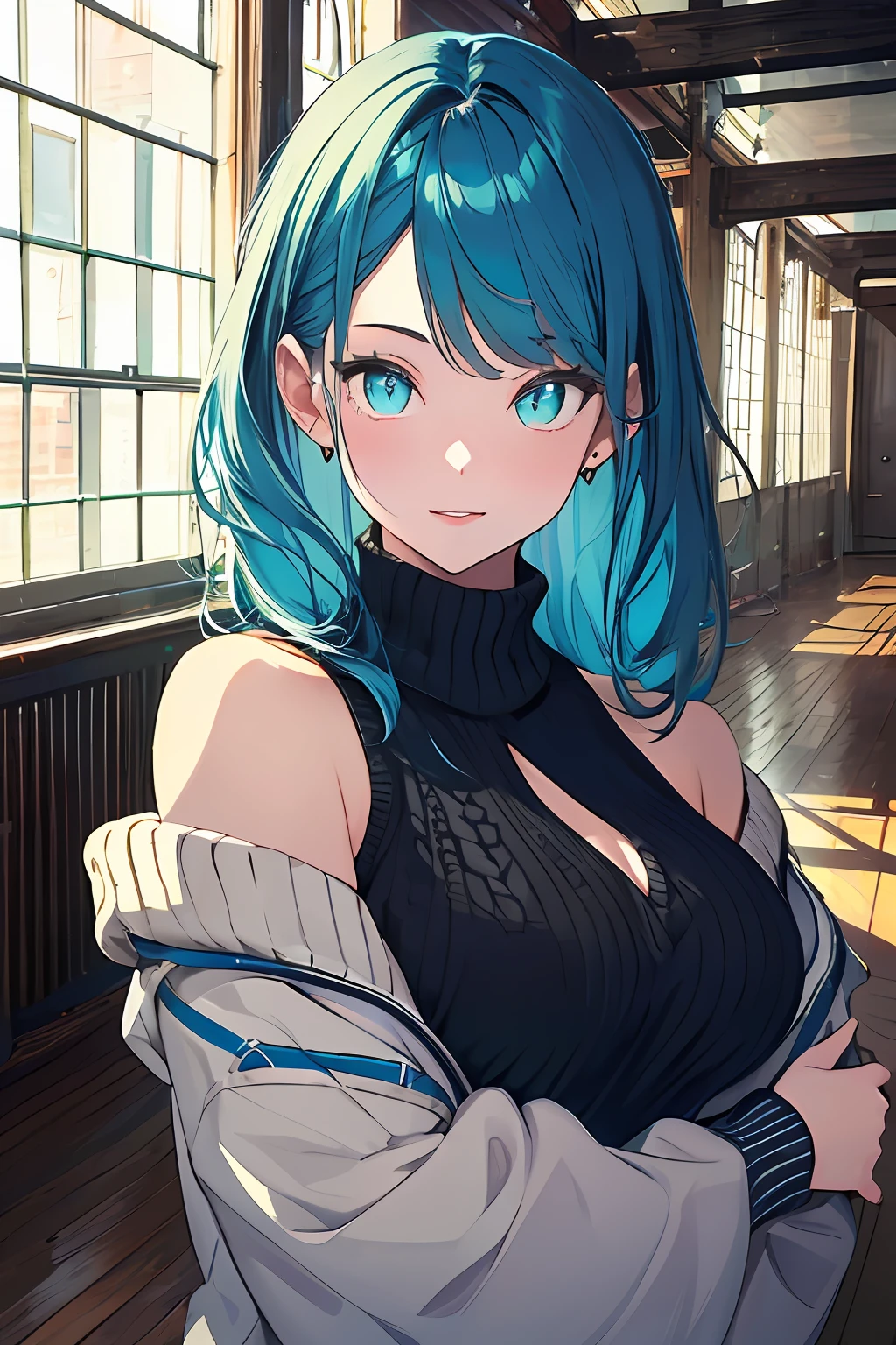 (masterpiece, top quality, best quality, official art, beautiful and aesthetic:1.2),
cateyes,1girl, solo, long hair, (sweater, big breasts, cleavage: 1.2), smile, aqua eyes, looking at viewer, blue hair, indoors, off shoulder, upper body, bare shoulders,
extreme detailed,highest detailed, optical mixing, playful patterns, lively texture, unique visual effect