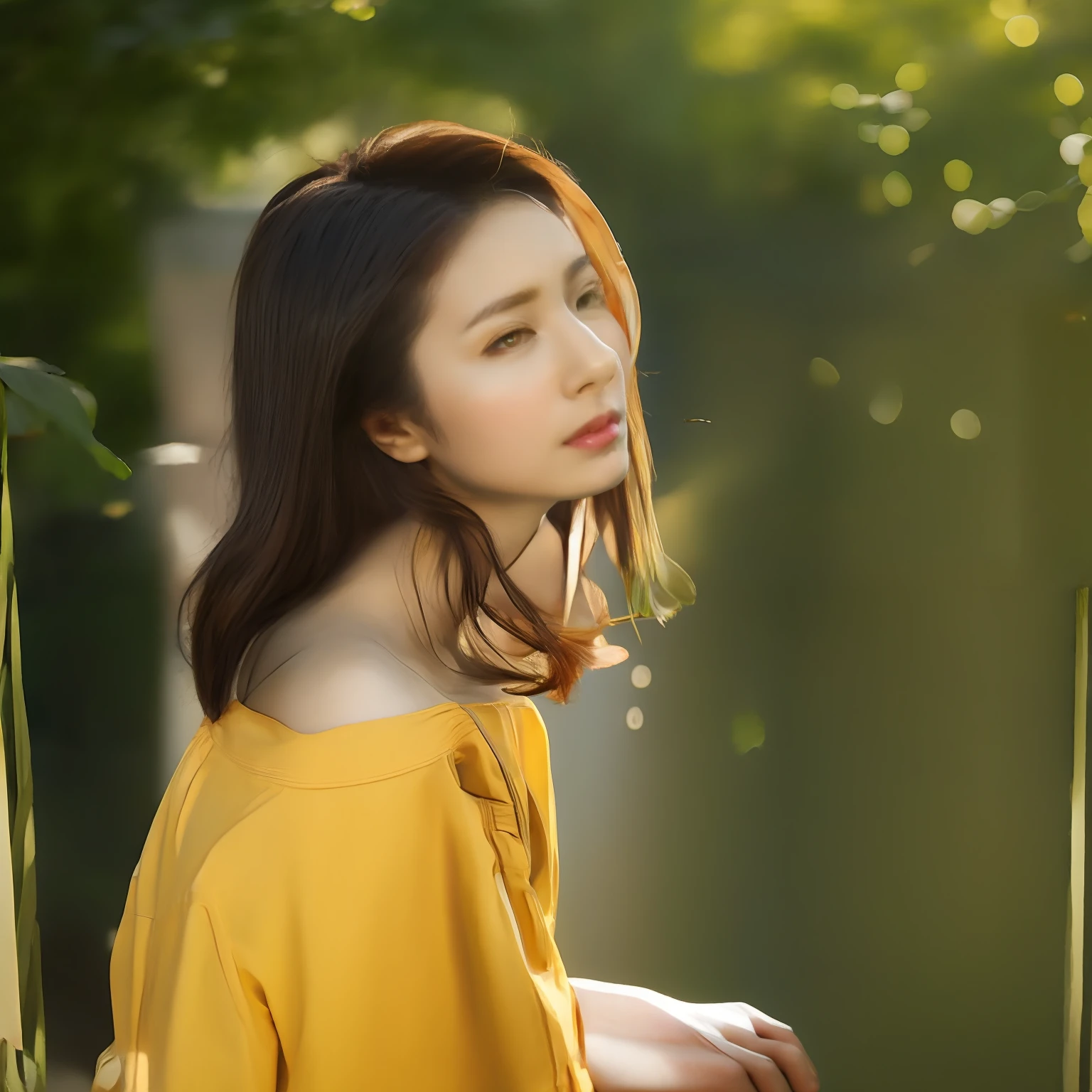 The highest quality photo, at the eaves of a private house in early summer, there is a garden with flowers, the garden is out of focus, there is the upper body of a sitting tanned age girl, her left hand is visible in the lower part of the center, she is wearing eco-friendly and LOHAS beige summer clothes of linen, with long sleeves, a thin shirt, she is shining skin and clothes in the afternoon sun, photos of masterpieces