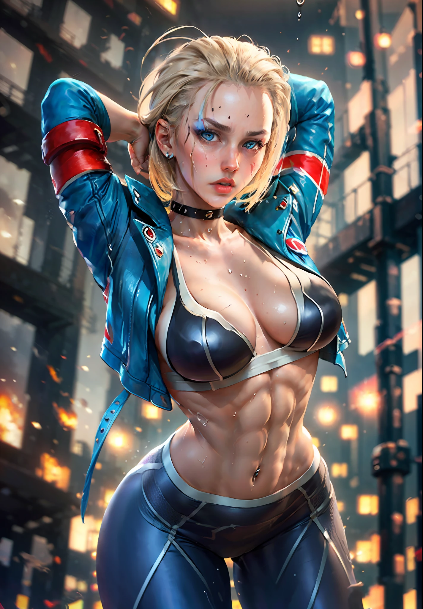 absurdres, highres, ultra detailed, unity 8k wallpaper, Beautiful Woman with Perfect Figure: 1.4, Wet Body: 1.1, Highly Detailed Face and Skin Texture, Detailed Eyes, Double Eyelids, (1girl), (Left Face Scar), (28 years old, Sexy Mature), (Vest Line, Slim Waist, Fitness Figure), (Blue Jacket), (Yoga Pants), (Buttocks), ((Big Blue Eyes, Long Eyelashes)), ((Pout)), ((Firm Nose)), (short hair), Detailed Face, (lifting jacket: 1.3), water drops, sweat, Dynamism, cinematic shot, intricate details, tease, playful expression, (masterpiece, ultra highres, detailed background:1.5), (intricate surroundings: 1.3), (elaborate scenery:1.3), (rich textures: 1.3), (detailed lighting: 1.2), (dramatic shadows: 1.2), (vivid color palette: 1.2), body twisting, seductive pose, inviting to kiss, bright lighting, ((Cammy white, Street Fighter 6, game CG character)), Beautiful shiny hair, (((dark gray tights)))), muscular, collar, abs, big breasts, (leg muscle lines)