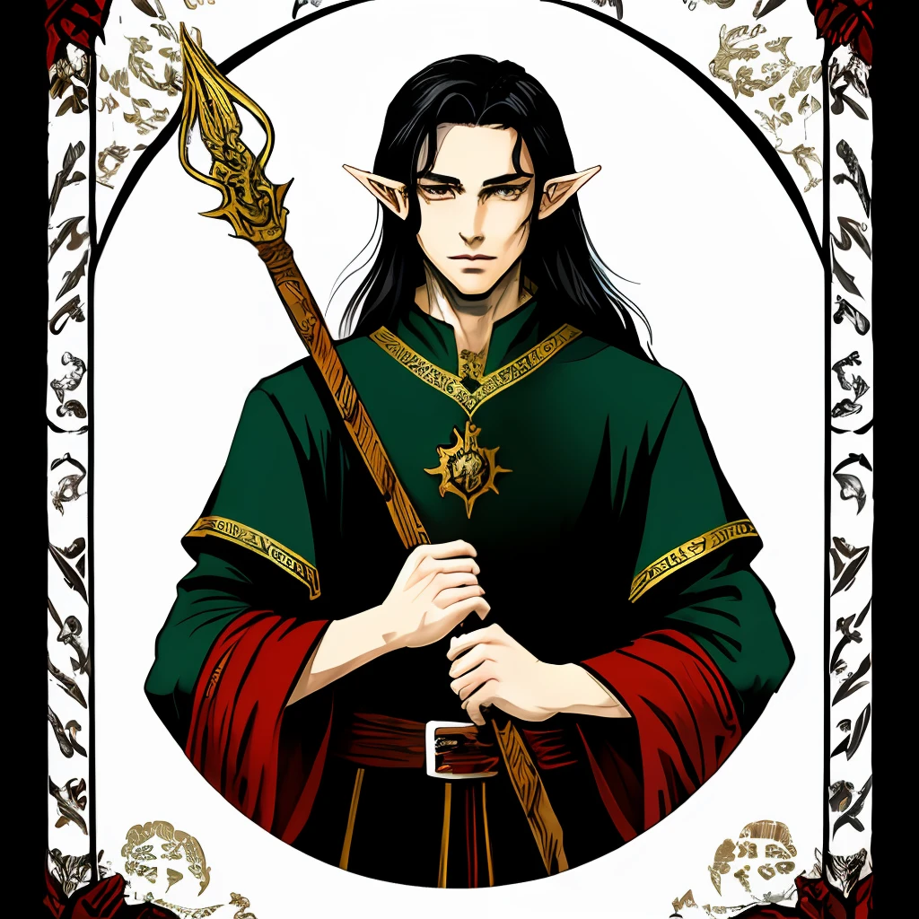Male long Dark haired elf wizard white skin