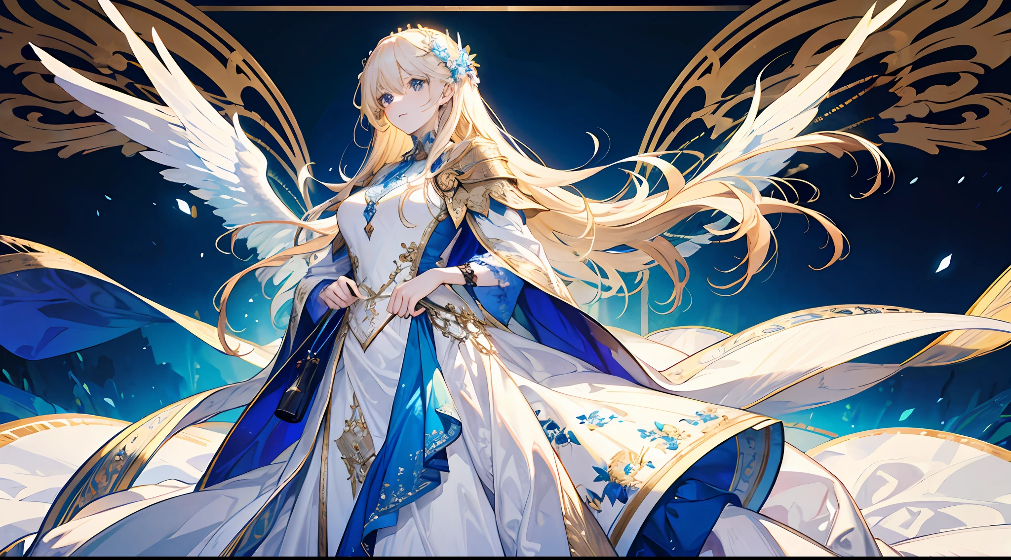 16k, a woman, tall, beautiful, otherworldly, elegant, blue eyes, full body, long blonde hair, white gold dress, exquisite, white and blue long dress, armor decoration, extreme details, golden streamer surrounding, angel descending, (three pairs of huge wings), masterpiece, concept art, hands open, facial details presented, great, palatial palace background, princess costume, dignified