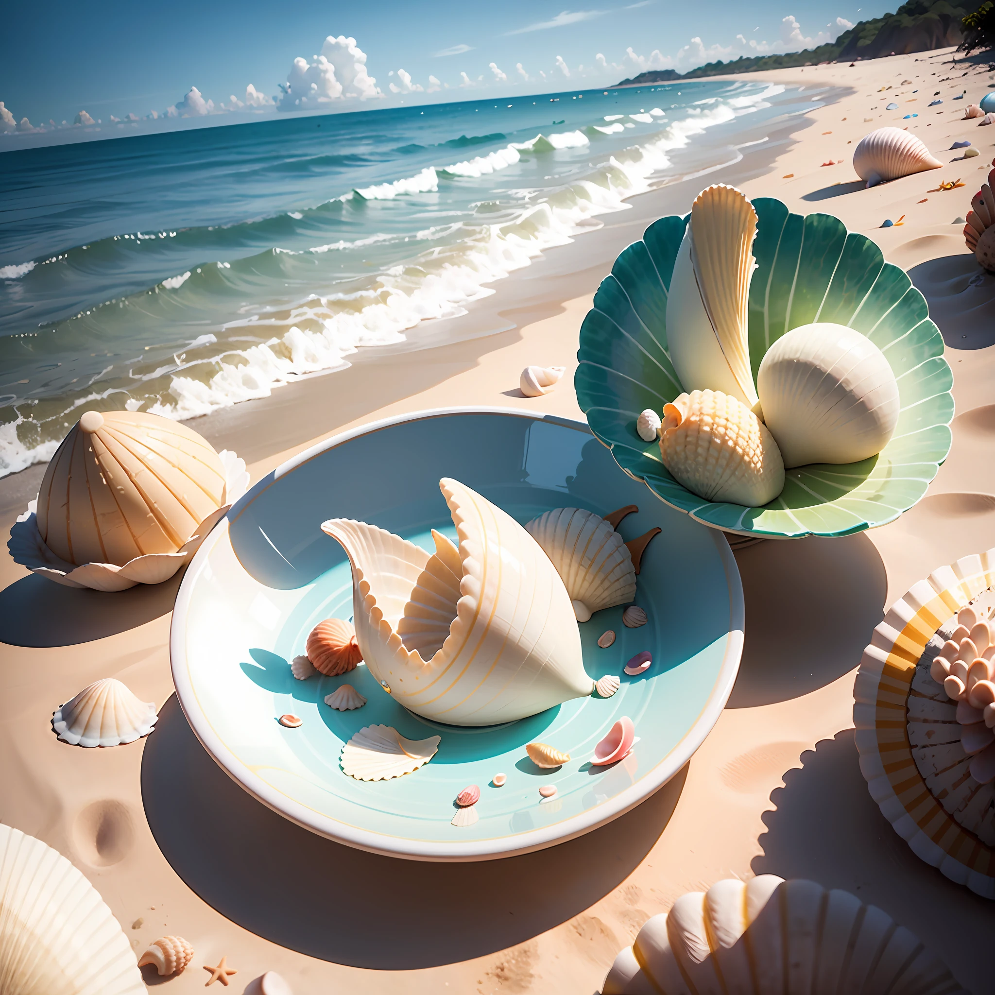 there are shells and starfishs on the beach with a blue sky, a raytraced image by Alexander Kucharsky, shutterstock contest winner, digital art, seashells, seashell, beautiful composition 3 - d 4 k, shells, sea shell, rendered illustration, rendered image, wearing seashell attire, rendered, beach background --auto