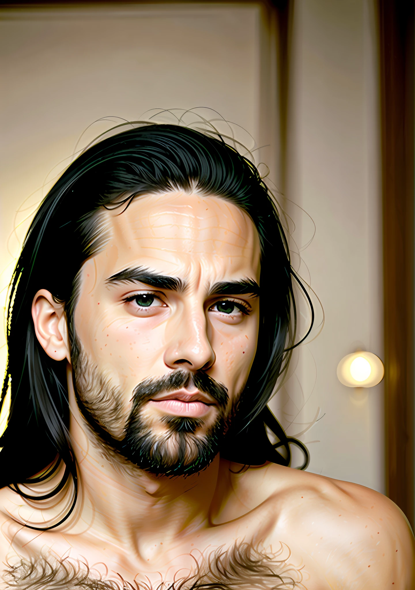 Man long hair, brown eyes, dark brown hair, muscular, aquiline nose, thick eyebrows beard, perfect skin, 25 years old, cannon 8k, cinematic,