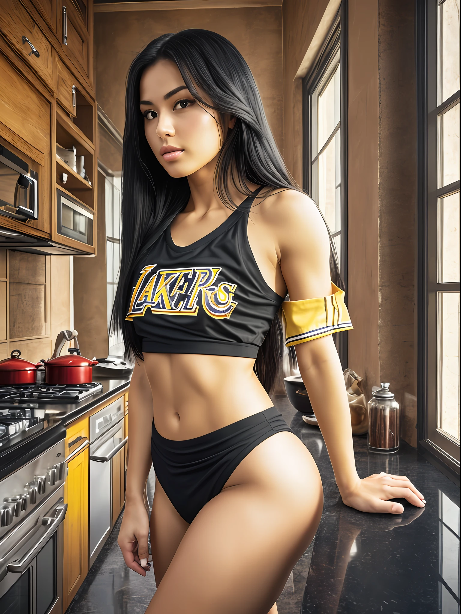 maid, brunette, long black hair, with blonde streaks, she is on her back in the kitchen, wears only a shirt of the basketball team, Lakers, yellow, her body is very sensual, the shirt is short and shows the flesh of her butt, she looks over her left shoulder, as if she is being watched, her legs are defined, fitness style, full body shot, realistic image, ultra HD, no duplicating fingers, hands --auto --s2