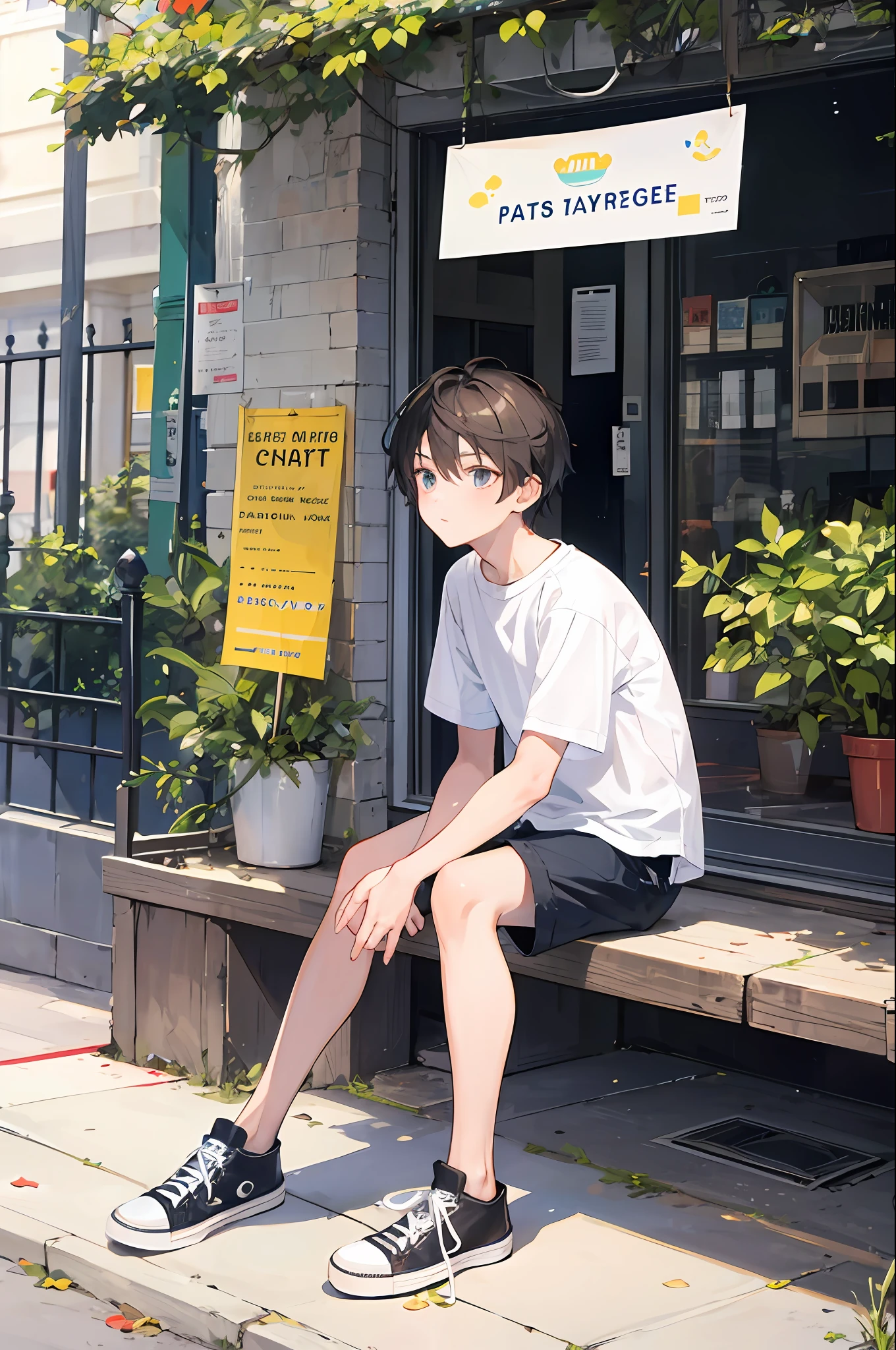 1boy,White t-shirt, shorts,Converse shoes,Side view