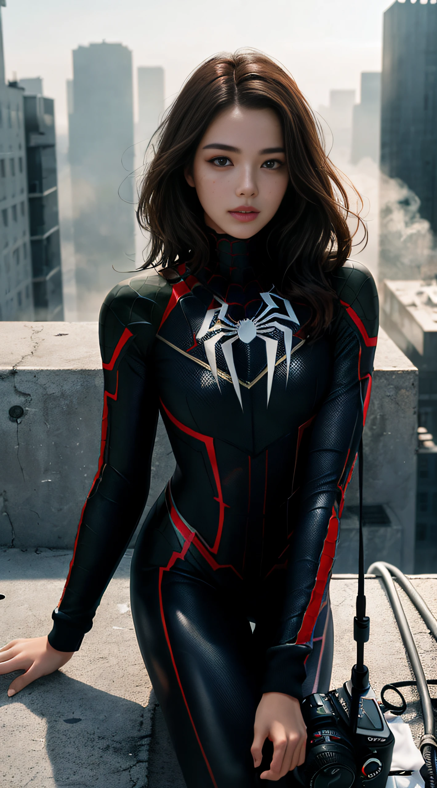 (1girl:1.3), solo, ((very detailed face)))), ((very detailed eyes and face)))), beautiful detail eyes, body parts__, official art, unified 8k wallpaper, super detailed, beautiful and beautiful, beautiful, masterpiece, best quality, original, masterpiece, super fine photo, best quality, super high resolution, realistic realism, sunlight, full body portrait, amazing beauty, sexy pose, delicate face, vibrant eyes, (from the front), She is wearing a Spider-Man suit, red and black color scheme, spider, very detailed city roof background, rooftop, overlooking the city, detailed face, detailed complex busy background, messy, gorgeous, milky white, highly detailed skin, realistic skin details, visible pores, clear focus, volumetric fog, 8k uhd, DSLR camera, high quality, film grain, fair skin, photo realism, lomography, future dystopian megalopolis,