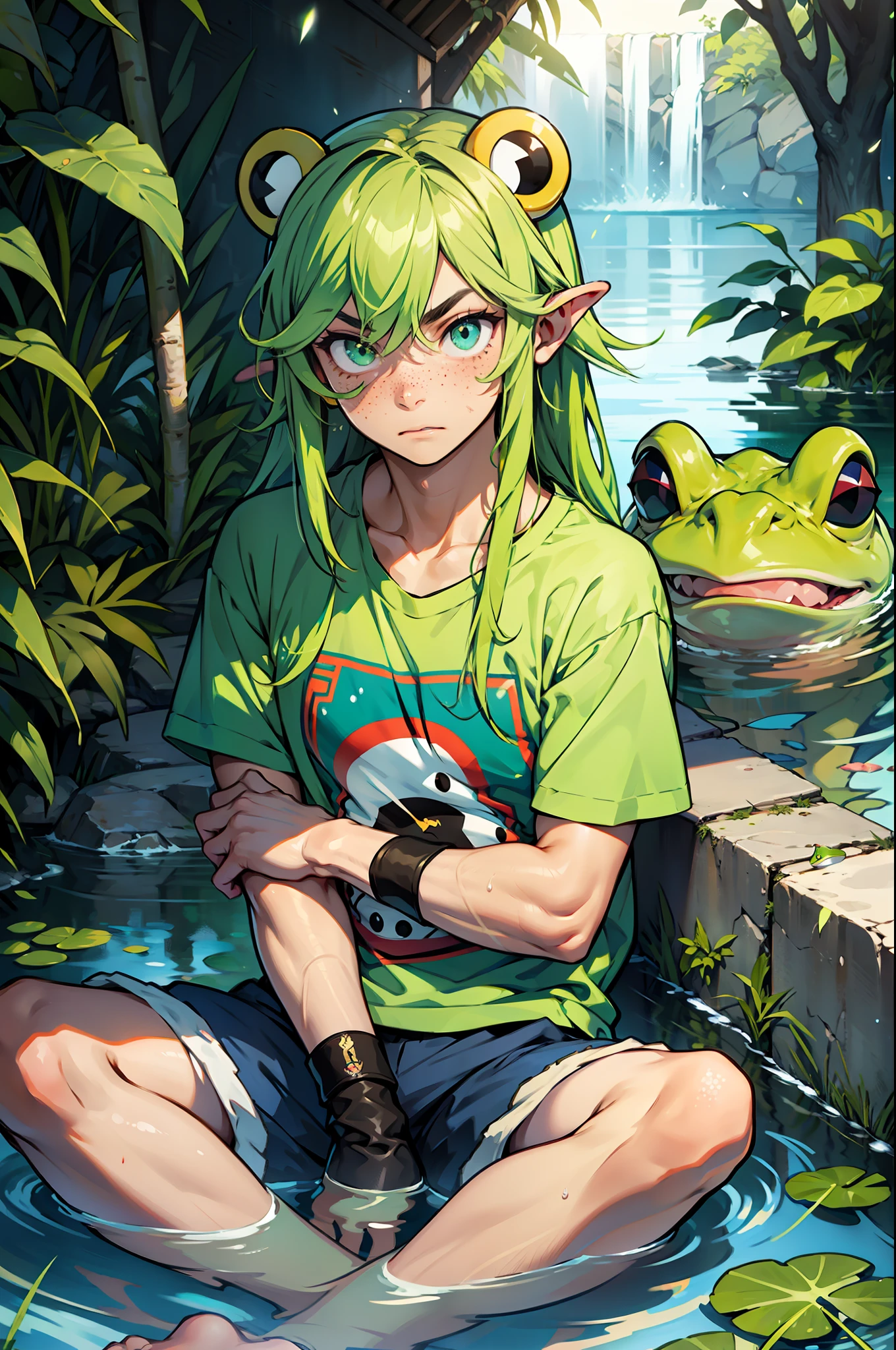 A boy, frog hybrid, medium long green hair with blue glitter, frightened expression, water green shirt and shorts, frog ears and freckles