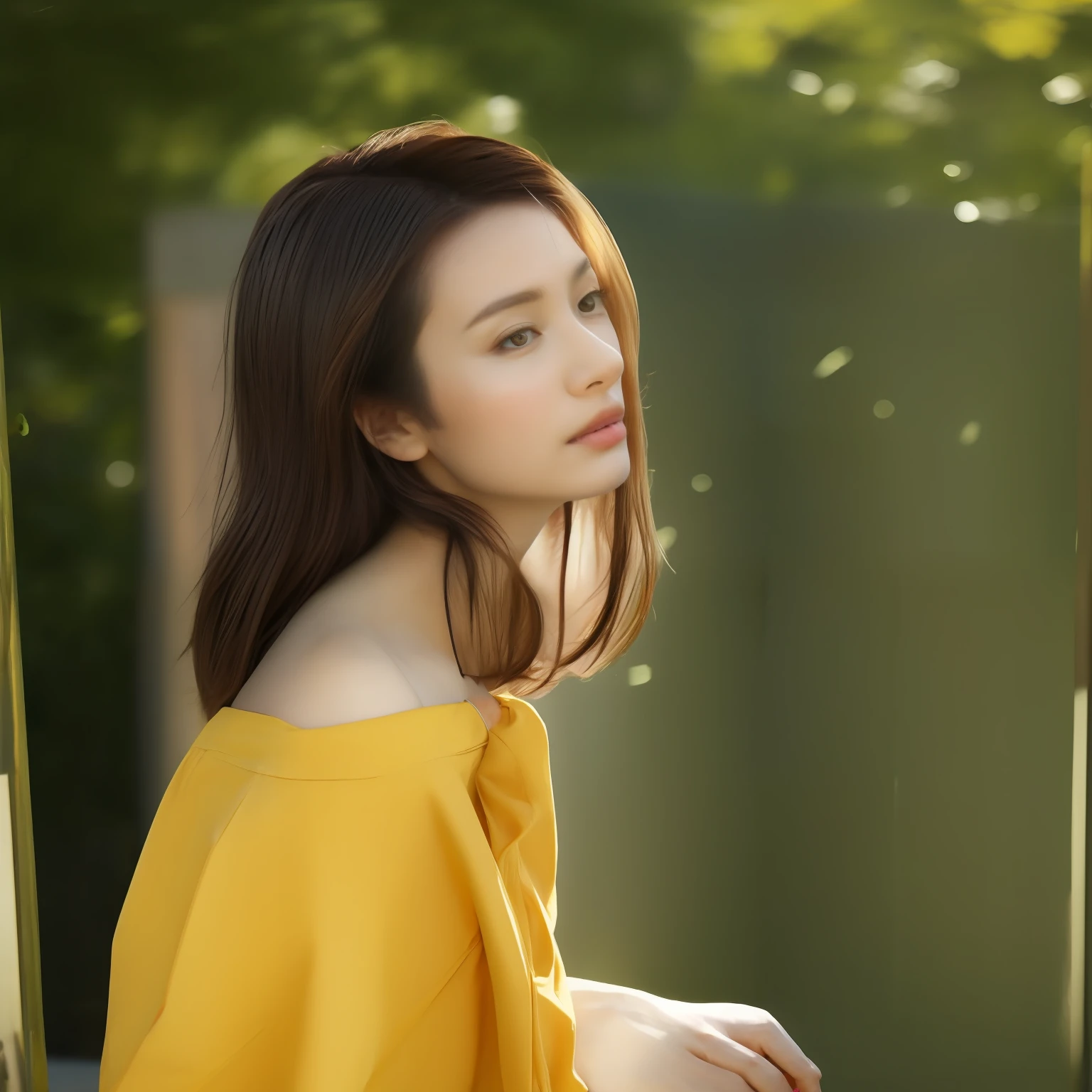 The highest quality photo, at the eaves of a private house in early summer, there is a garden with blooming flowers, there is the upper body of a sitting tanned teenage girl, her left hand is visible in the lower part of the center, she is wearing a linen eco-friendly and LOHAS beige summer dress, with long sleeves, a thin shirt, she has skin and clothes shining in the afternoon sun, photos of masterpieces