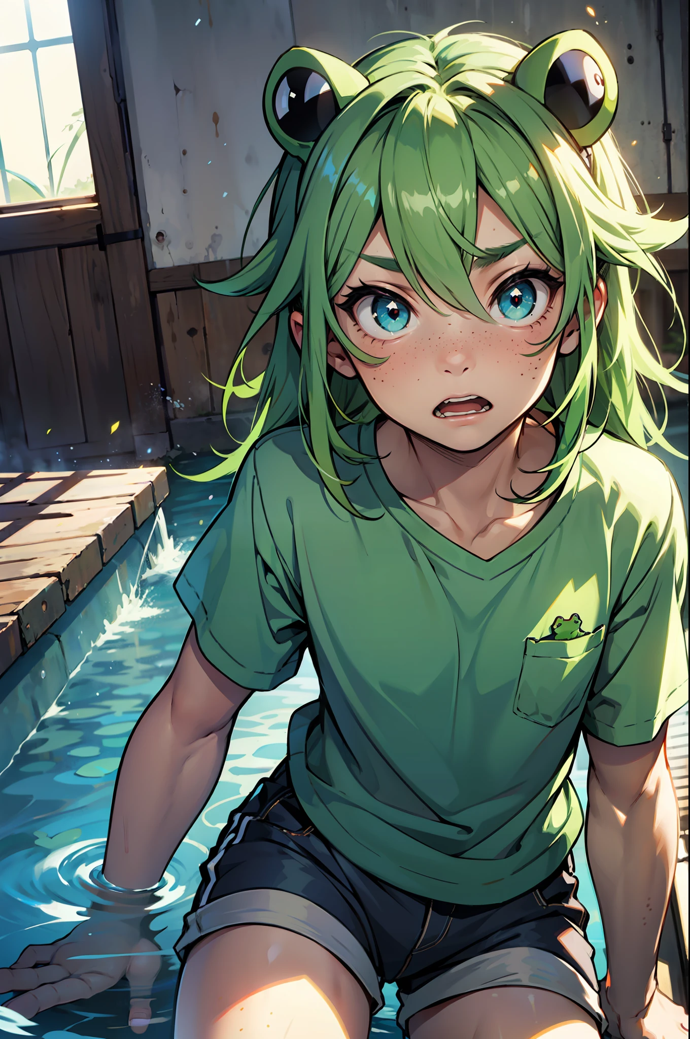 A boy, frog hybrid, medium long green hair with blue glitter, frightened expression, water green shirt and shorts, frog ears and freckles