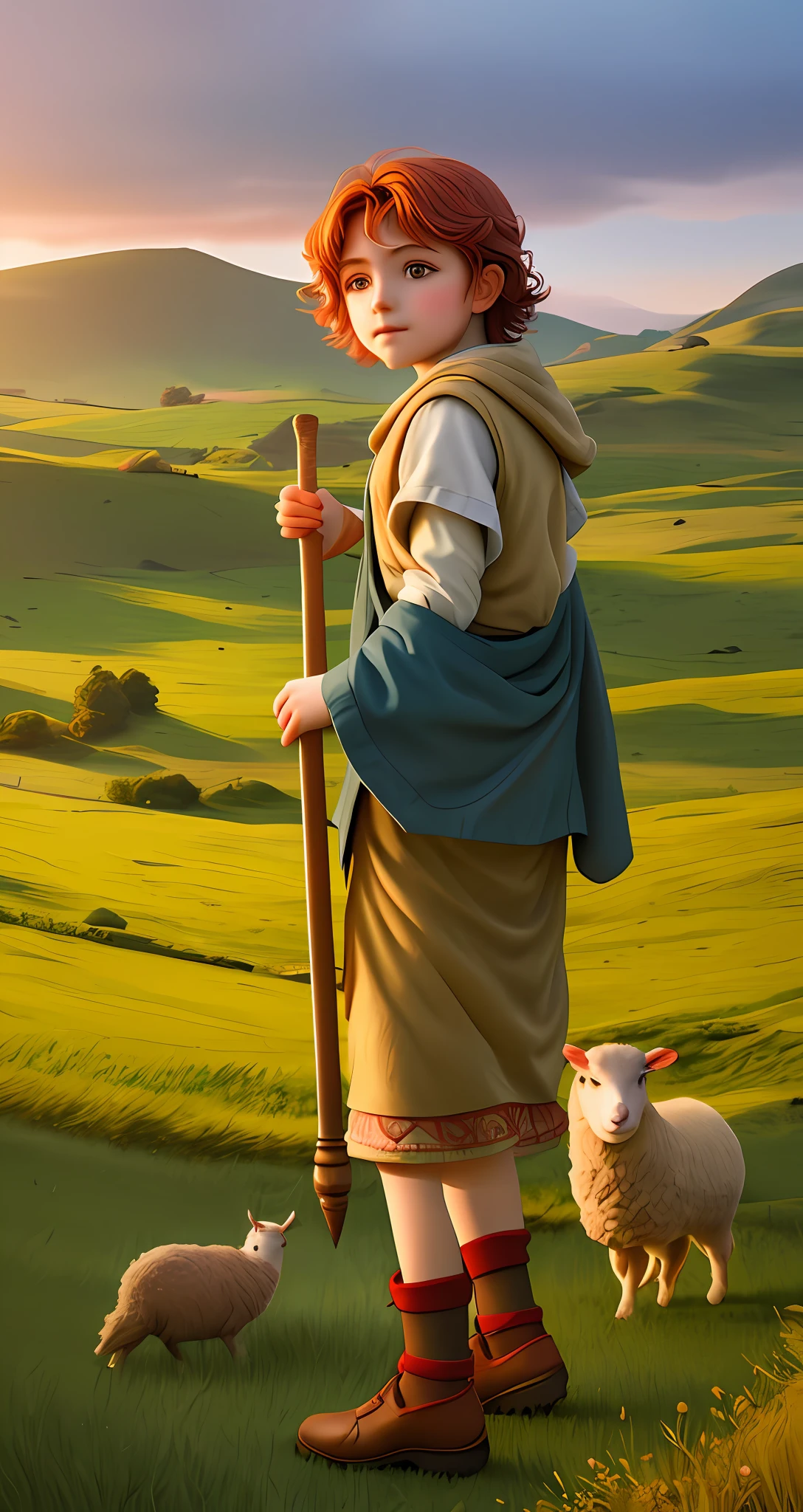 A young shepherd, red-haired sheepherder, with a staff in his hands, taking care of sheep, rural backdrop, night lighting, children's digital drawing, super realistic and making direct eye contact with the viewer.