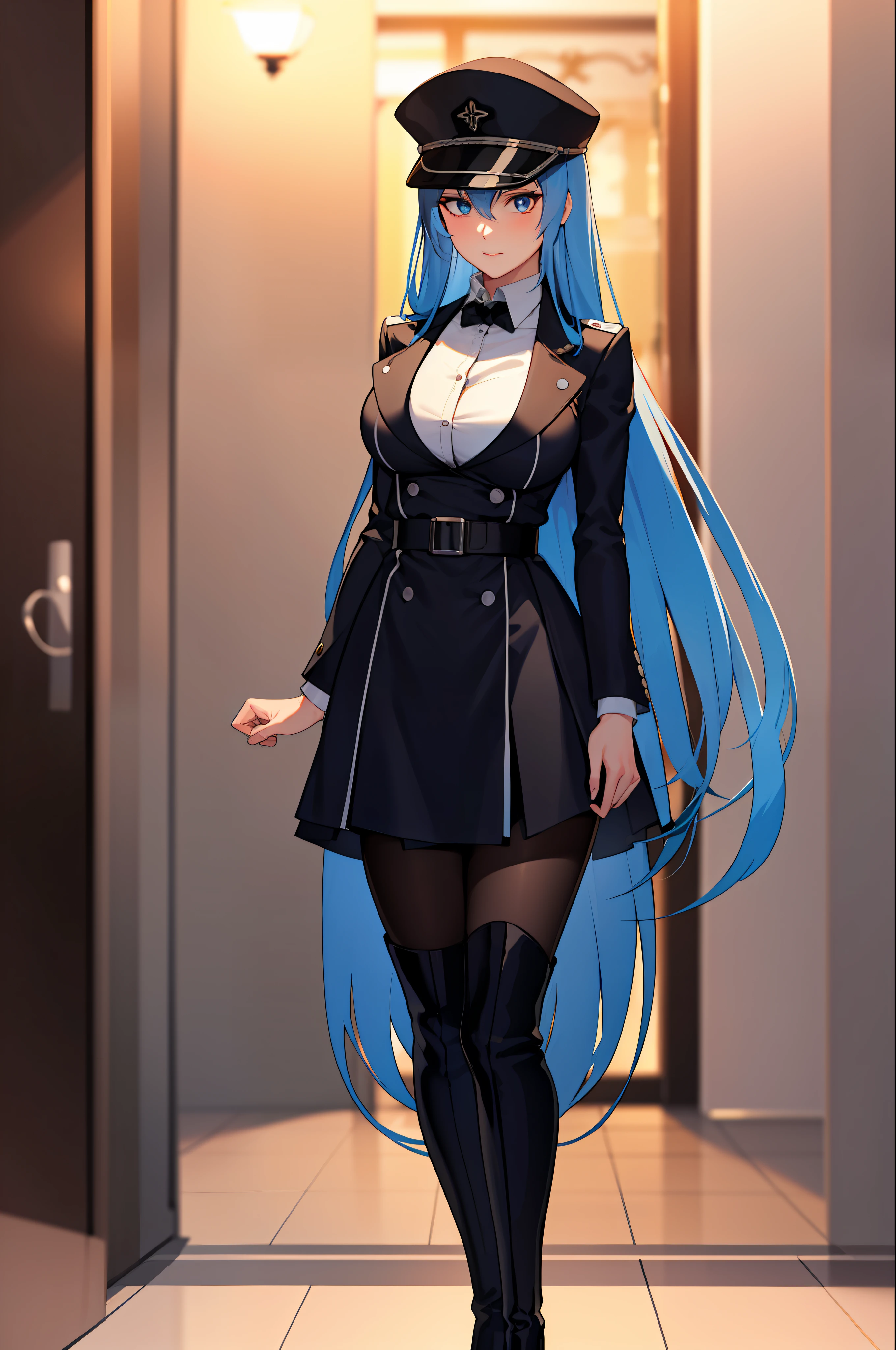 (masterpiece), (best quality),highres, ultra detailed, professional lighting, photography, esdeath, long hair ,blue hair, blue eyes, formal wear, blouse, peaked cap, thigh boots, black belt ,black dress, black tie,black pantyhose, looking at viewer, goddess, detailed background, gala party, glamor,