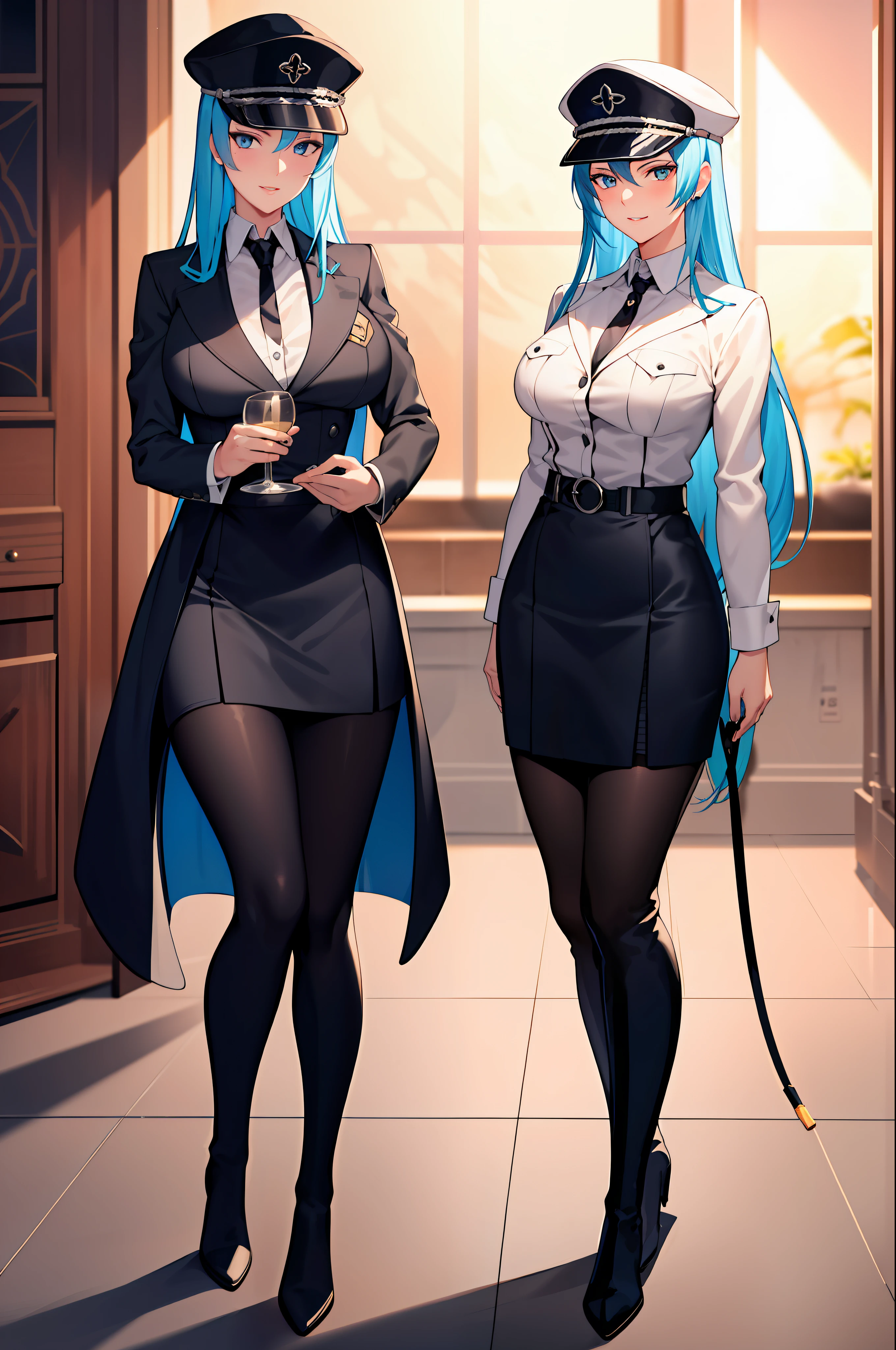 (masterpiece), (best quality),highres, ultra detailed, professional lighting, photography, esdeath, long hair ,blue hair, blue eyes, formal wear, blouse, peaked cap, thigh boots, black belt ,black dress, black tie,black pantyhose, looking at viewer, goddess, detailed background, gala party, glamor,