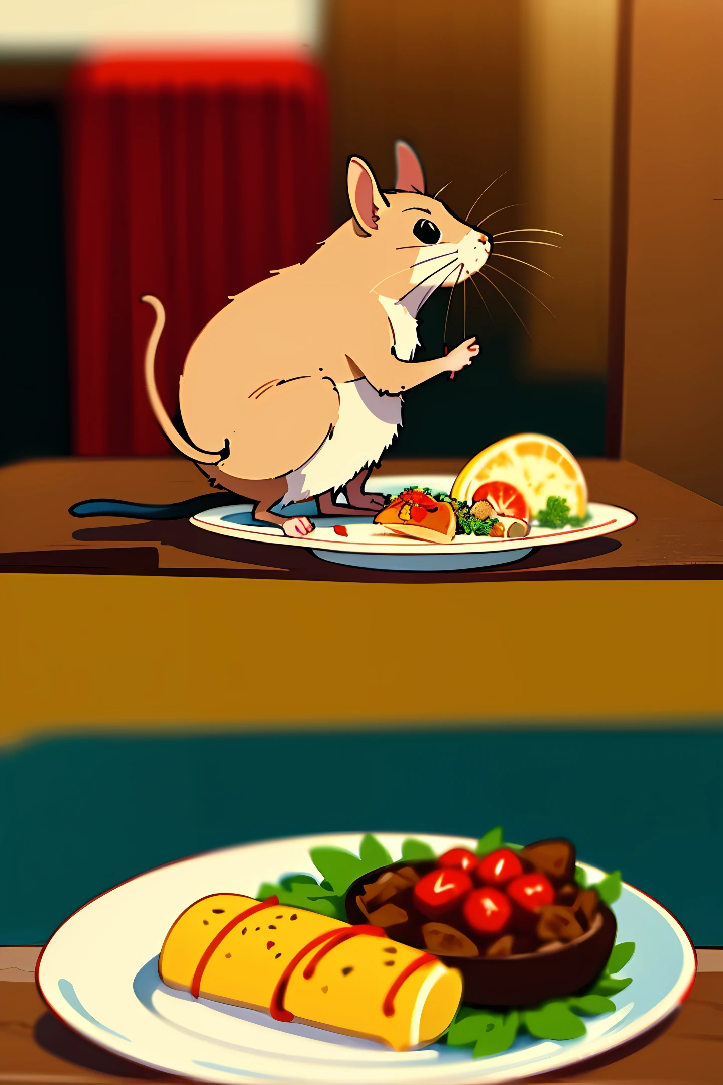 A rat on a table near a plate of food, talking to a man