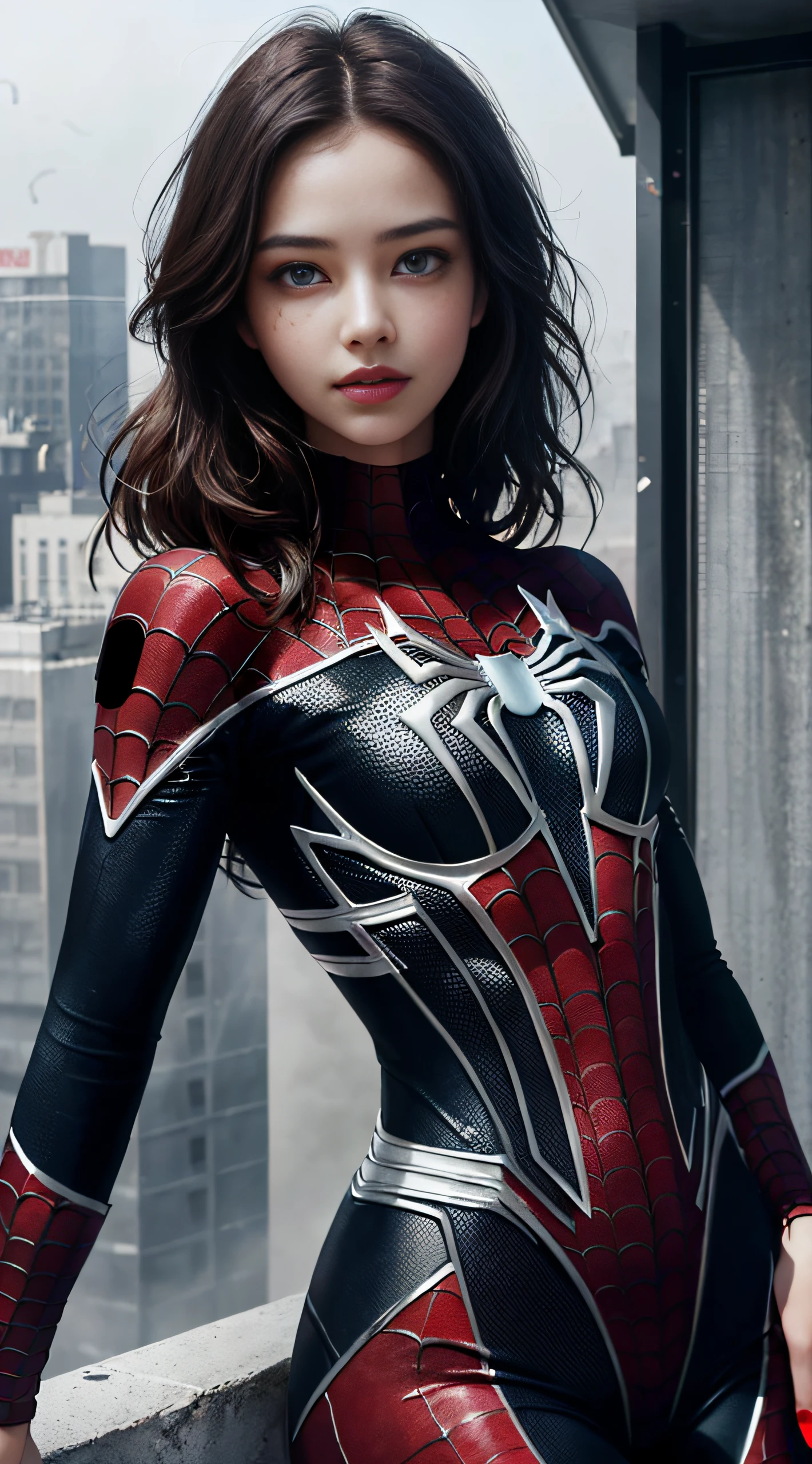 (1girl:1.3), solo, ((very detailed face)))), ((very detailed eyes and face)))), beautiful detail eyes, body parts__, official art, unified 8k wallpaper, super detailed, beautiful and beautiful, beautiful, masterpiece, best quality, original, masterpiece, super fine photo, best quality, super high resolution, realistic realism, sunlight, full body portrait, amazing beauty, sexy pose, delicate face, vibrant eyes, (from the front), She is wearing a Spider-Man suit, red and black color scheme, spider, very detailed city roof background, rooftop, overlooking the city, detailed face, detailed complex busy background, messy, gorgeous, milky white, highly detailed skin, realistic skin details, visible pores, clear focus, volumetric fog, 8k uhd, DSLR camera, high quality, film grain, fair skin, photo realism, lomography, future dystopian megalopolis,