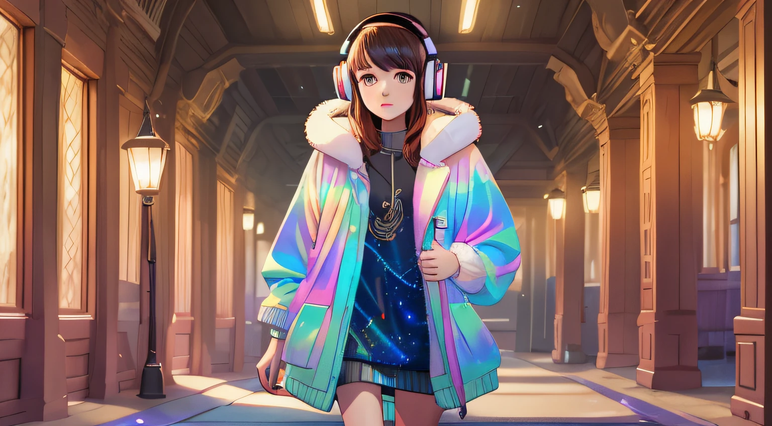masterpiece, best illustration, woman 25 years, short curly hair and voluminous, fur trim, standing walking her dog, wearing hoodie coat down, with headphones, background constellation and galaxies, (\(intricate details\)\),colorful details,iridescent colors BREAK,\(\(best quality masterpiece\)\),4k,ultra detailed,detailed lighting,\