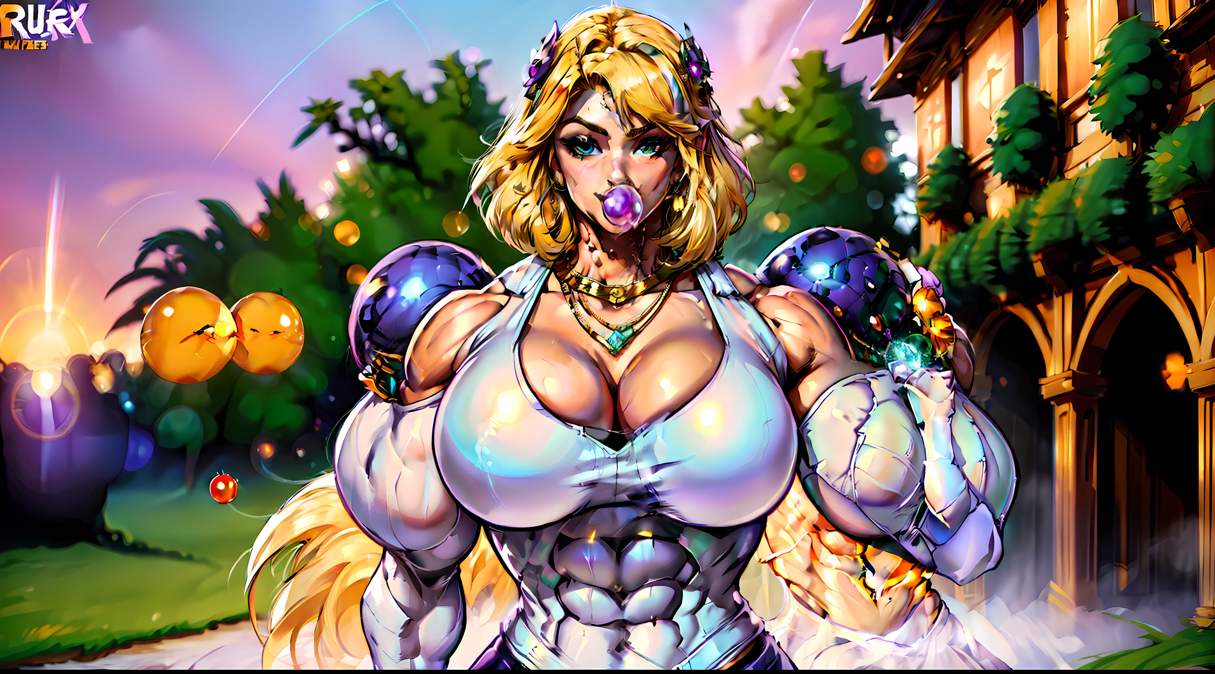 comics style, best quality, masterpiece, highres, extra thick hair with massive volume and body length hair, 1girl,china dress,hair ornament,necklace, jewelry,Beautiful face,upon_body, tyndall effect,photorealistic, dark studio, rim lighting, two tone lighting,(high detailed skin:1.2), 8k uhd, dslr, soft lighting, high quality, volumetric lighting, candid, Photograph, high resolution, 4k, 8k, Bokeh,(thicc busty hyper muscular endomorph blonde bimbo female), ((hyper huge arm muscles)), ((exaggerated anatomy)), smiling smirk reaction, (detailed full body shot and perfect face, hair various colors), (wearing bright purple and pine green pleather jacket (various colors) over buxom super heroine costume with detailed runic logo patches), (armored silver shoulders with platinum trim and runic symbols), armored silver and Electric Lime skirt with Sunset Orange trim, big thick and wide(erection under clothes, futa bulge), (blowing massive bubblegum bubble from lips),🌄🌅sky, Roman Ruins, ((fog,flare)), featured on, behance, pixiv, artstation, reflections,8k,4K,unreal engine,☀️🔥🌌💎💯🔝