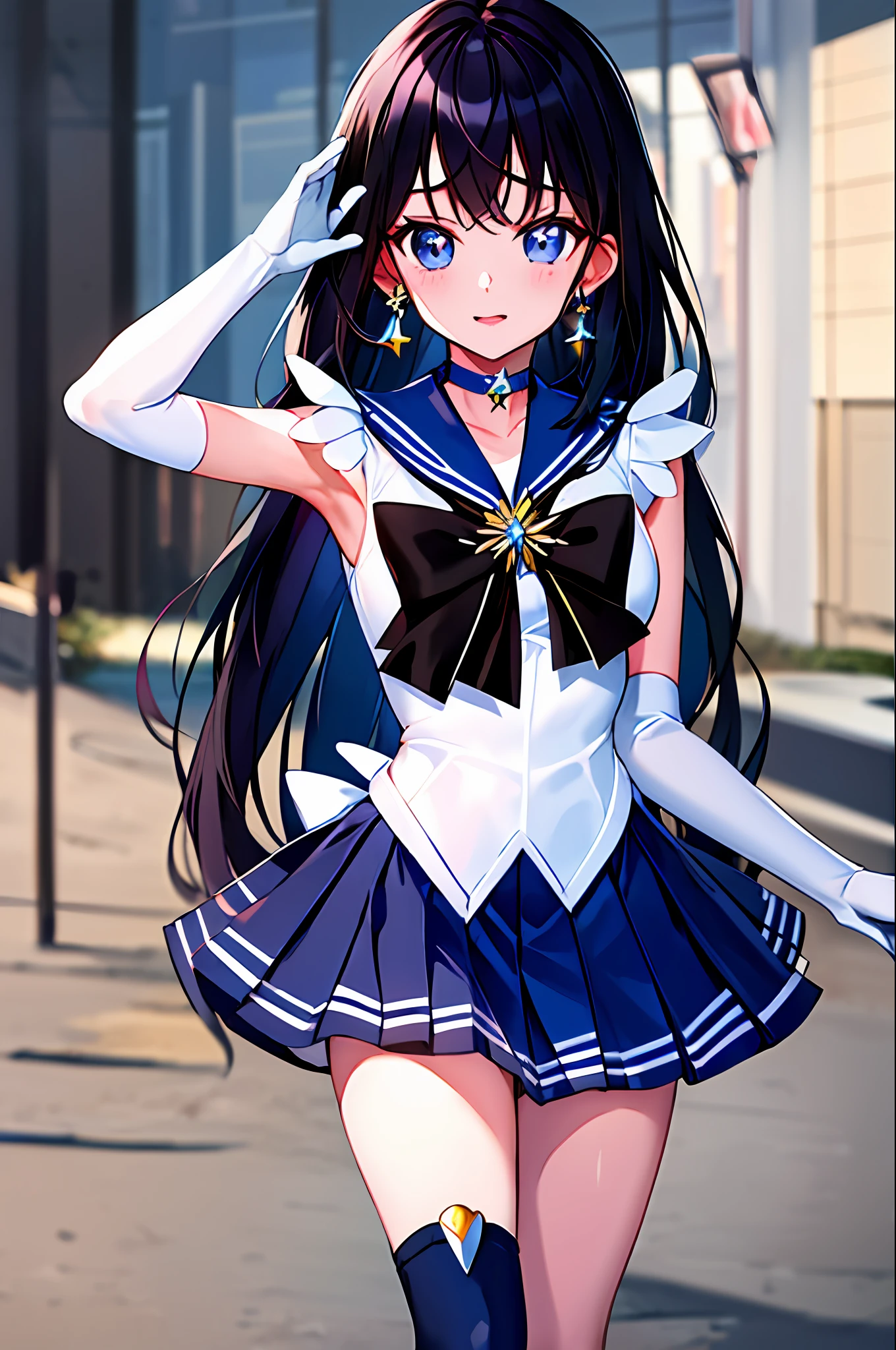 masterpiece, best quality, highres, mer1, tiara, sailor senshi uniform, blue skirt, blue sailor collar, tiara, bow, knee boots, choker, white gloves, blue choker, elbow gloves, jewelry, earrings, pleated skirt, cowboy shot, outdoors