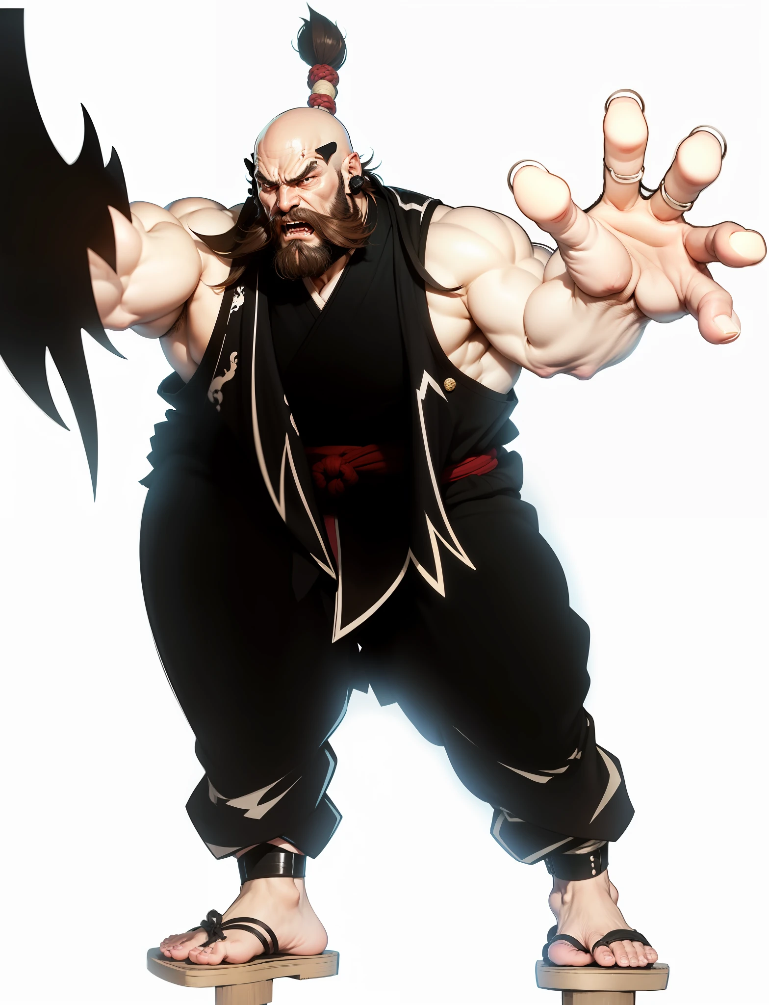 Samurai anime character, with beard that goes to the waist, bald in every very angry, big nose