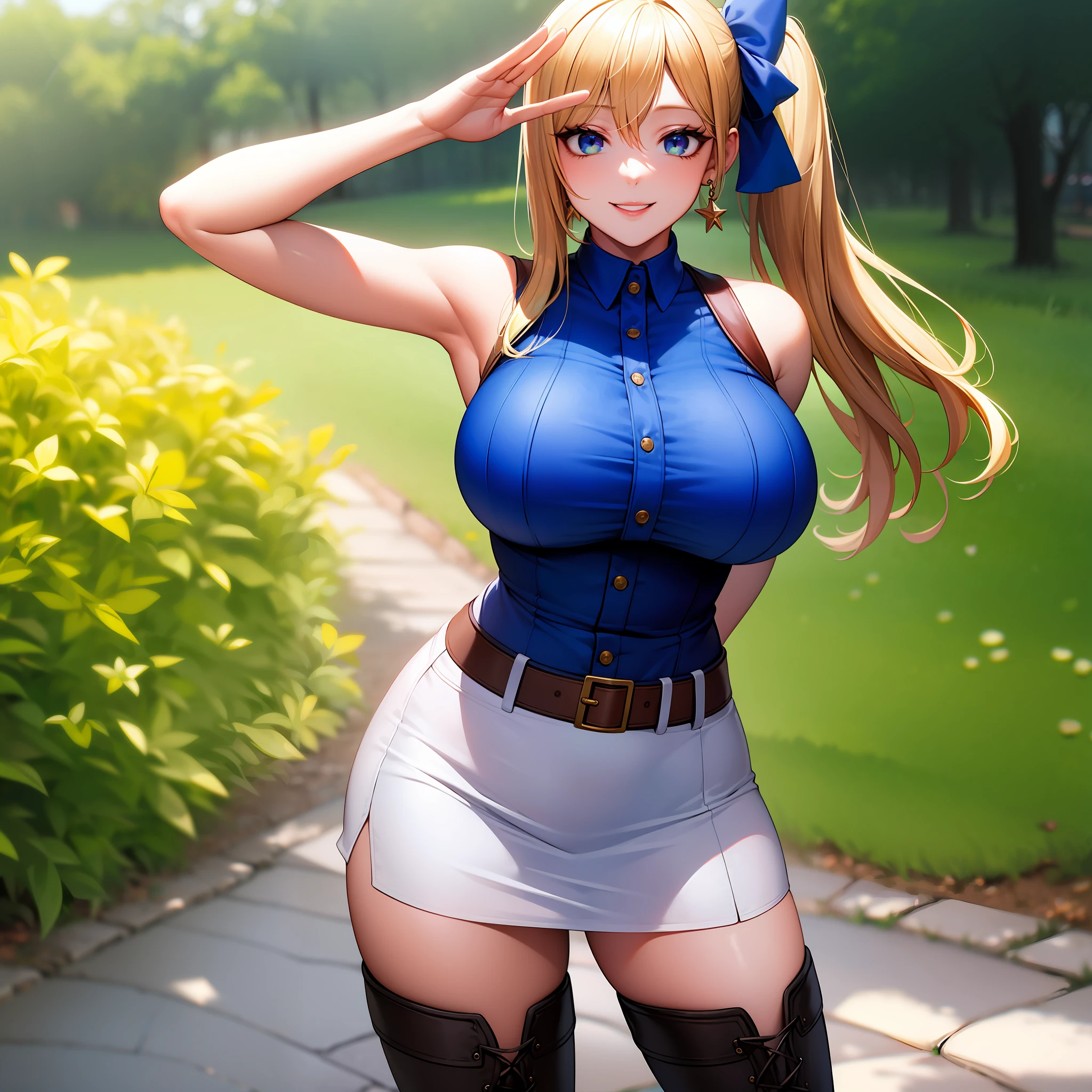 masterpiece, best quality, highres, lucy heartfilia, blonde hair, long hair, side ponytail, blue ribbon, large breasts, earrings, thigh boots, blue shirt, sleeveless shirt, white skirt, hand on hip, salute, smile, outdoors, cowboy shot