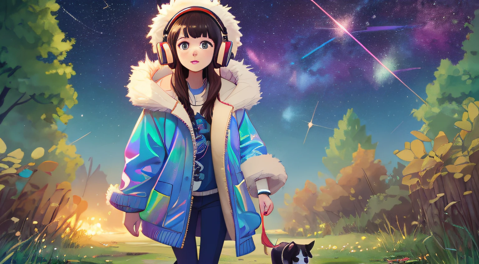 masterpiece, best illustration, woman 25 years, short curly hair and voluminous, fur trim, standing walking her dog, wearing hoodie coat down, with headphones, background constellation and galaxies, (\(intricate details\)\),colorful details,iridescent colors BREAK,\(\(best quality masterpiece\)\),4k,ultra detailed,detailed lighting,\