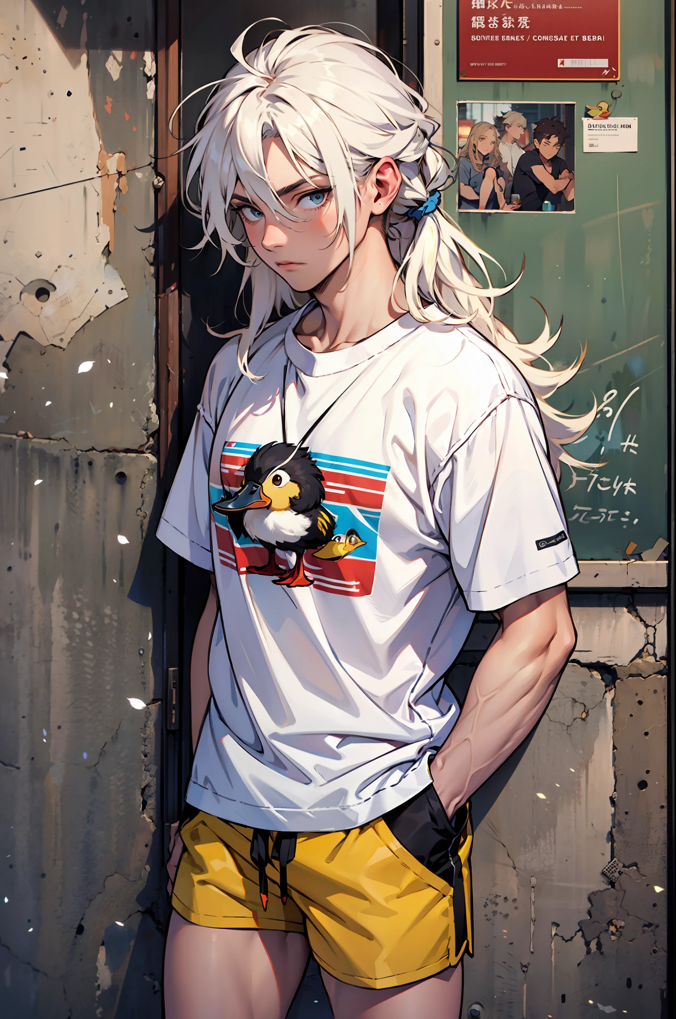 A boy, duck hybrid, messy long white hair, with yellow locks, confused expression, white shirt and shorts, duck feathers and ducktail