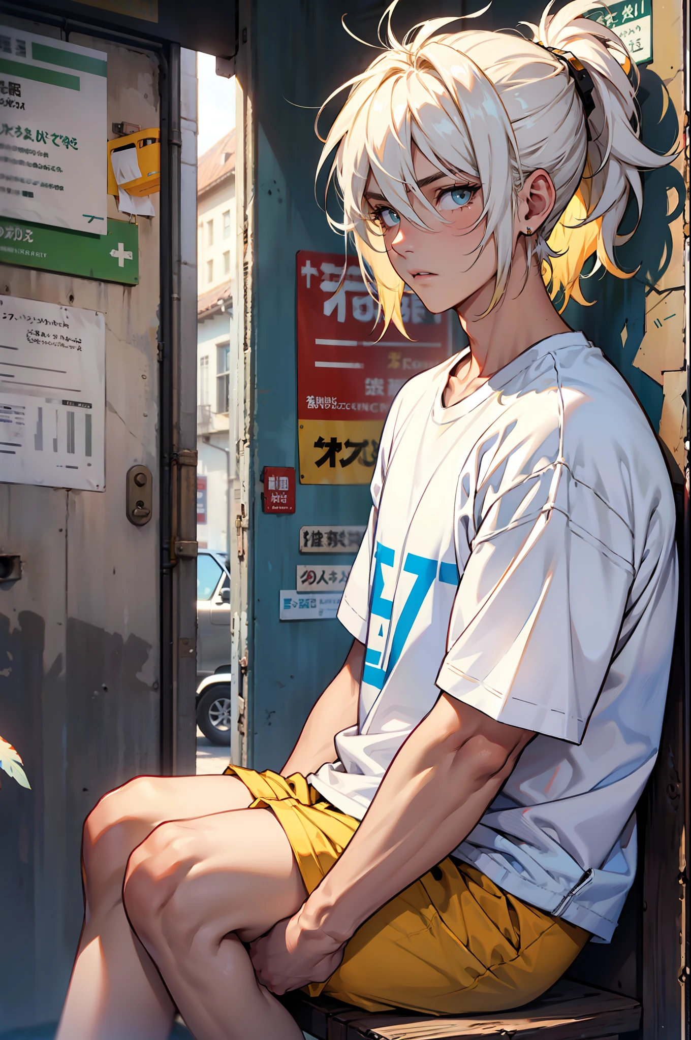 A boy, duck hybrid, messy long white hair, with yellow locks, confused expression, white shirt and shorts, duck feathers and ducktail