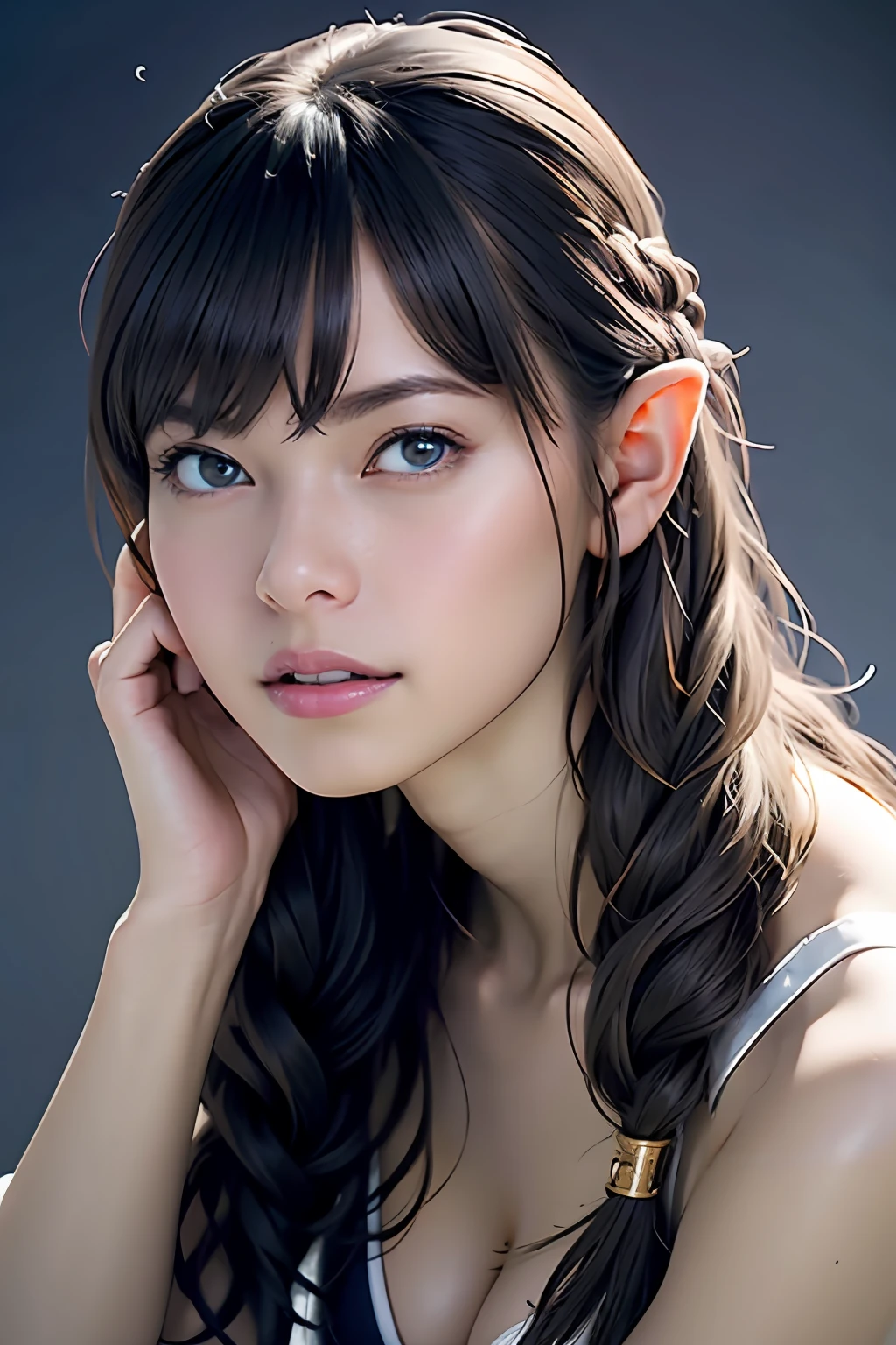 Ultra-detailed complex 3D rendering of the face, (Colossal: 7.8), (masterpiece, top quality, octane rendering, 8K), glamour shot full body image, very beautiful young elf, cleavage, (very detailed skin: 1.2), (exposure: 1.1), brown hair, (skewed silvery micro bikini, : 1.5)), one beautiful Caucasian woman, with full soft breasts and dark skin with big buttocks, Long braided hair, big breasts, dynamic angles, mystical expressions, ultra-realistic photos, ((((portrait))), bare feet, futuristic urban background, facial muscles, detailed and beautiful queen gold crown, in the style of Marvel Comics, ArtStation trends, clear focus, studio photography, intricate details, very detailed, detailed red eyes, very detailed, Sharp Focus, Digital Rendering, Professional, Abs, Dark Grey Background, ((((Sexy Pose))), Glossy Skin,