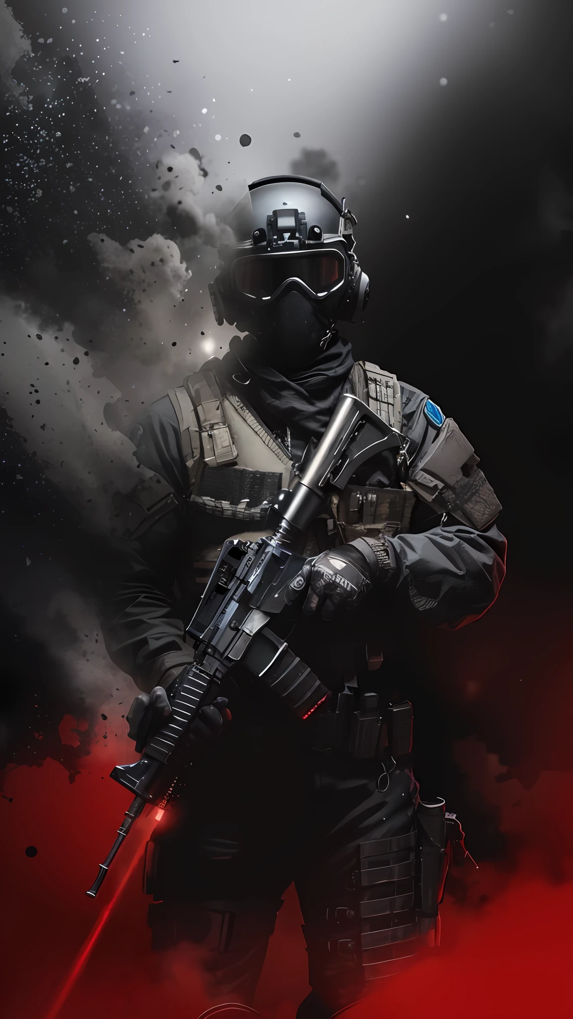 a man in a black uniform holding a rifle and a red light, airsoft cqb, rb6s), special forces, fps shooter game, rb6s, rb 6 s, monochrome and red color bleed, fps game, military photography, hq 4k phone wallpaper, french special ops, game promotional poster, warzone background, helghast, airsoft close quarter combat