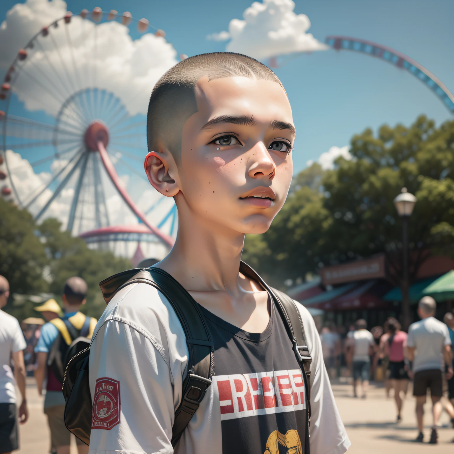 Intelligent 13-year-old boy with a shaved head at the amusement park.