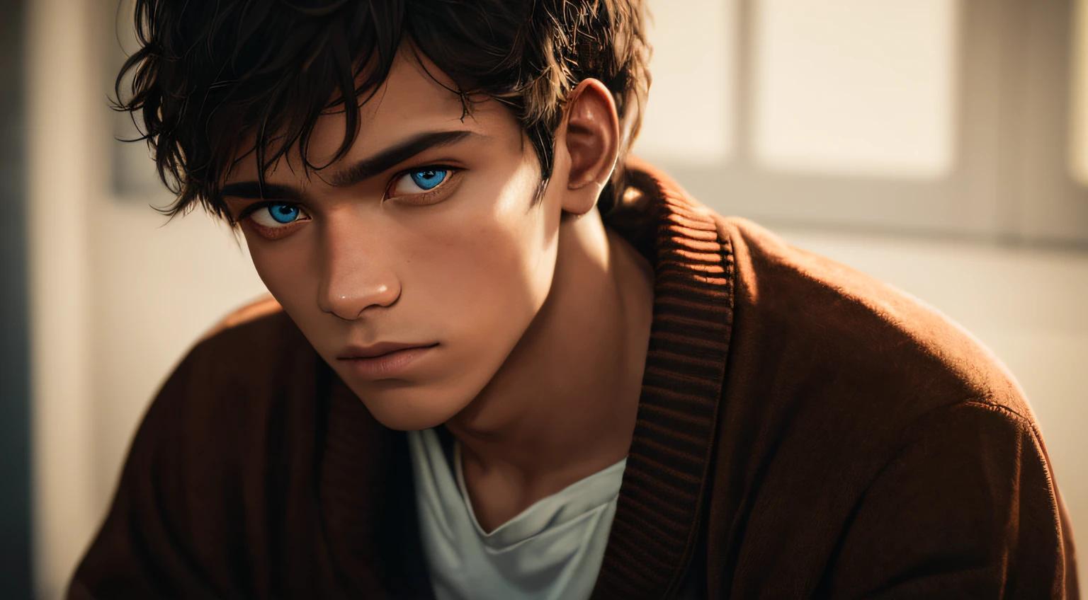 A man, young, 17 years brown, sad, old clothes, with piercing eyes, detailed face, high details, photography, dark studio, rim light, Nikon D850, 50mm, f/1.4 --auto