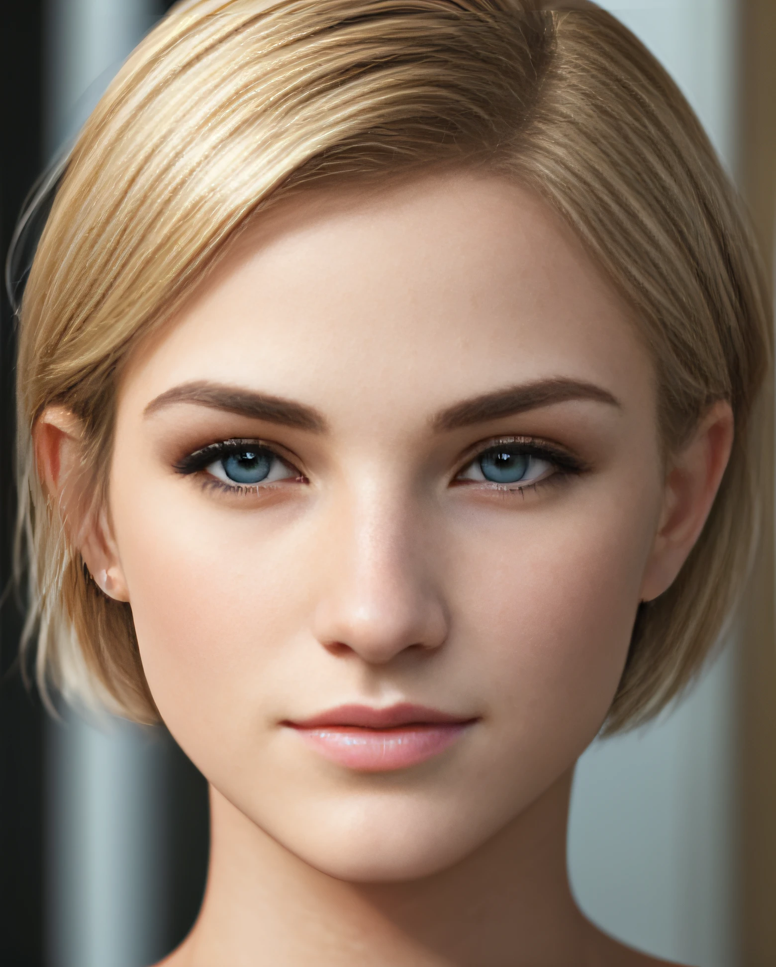 ((best quality)), ((ultra res)), ((photorealistic)), (intricate details), 19 years old, blonde hair, perfect face, make up:1.5, light on face, face detail, NAKED, short hair, --auto