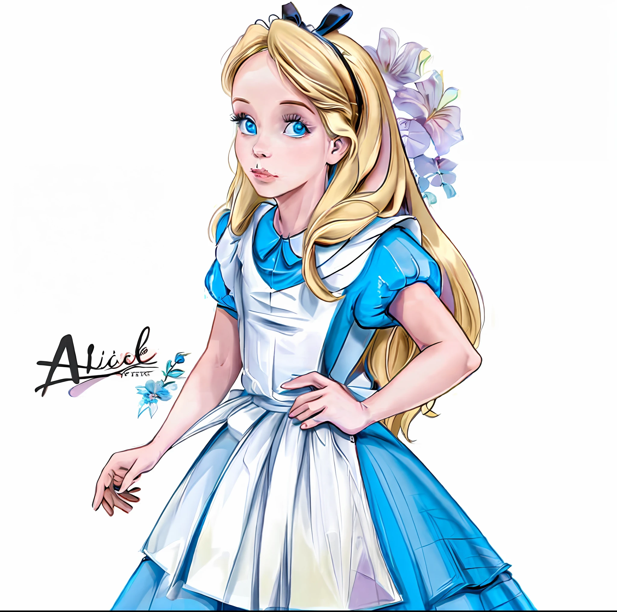 a cartoon image of a woman dressed in a white dress, alice from alice in wonder land, alice in wonderland, alice in the wonderland, like alice in wonderland, inspired by Alice Prin, alice, portrait of alice in wonderland, alice's sister, from alice in wonderland, alice in wonderland style, the theme of alice in wonderland, giant alice in wonderland