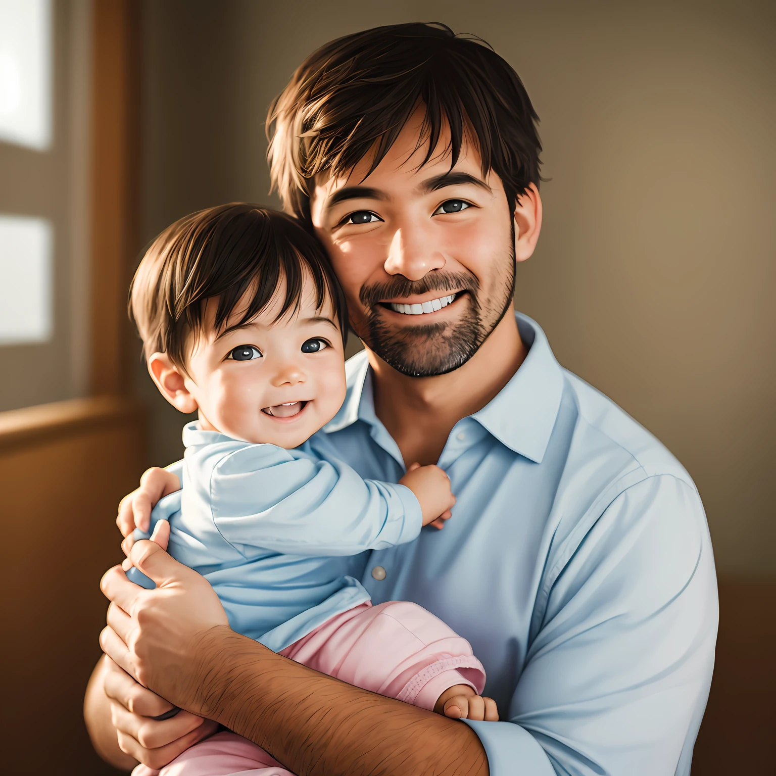 young father with his baby son ((upper body selfie, happy)), masterpiece, best quality, ultra-detailed, outdoor, (night), shopping, cheerful, happy, sweater, urban, smoke, shadows, contrast, clear sky, style (look at the viewer: 1.2) (skin texture) (film grain: 1.3), (warm tone, warm tone: 1.2), close-up, cinematic light, side lighting, ultra high res,  best shade, RAW --auto