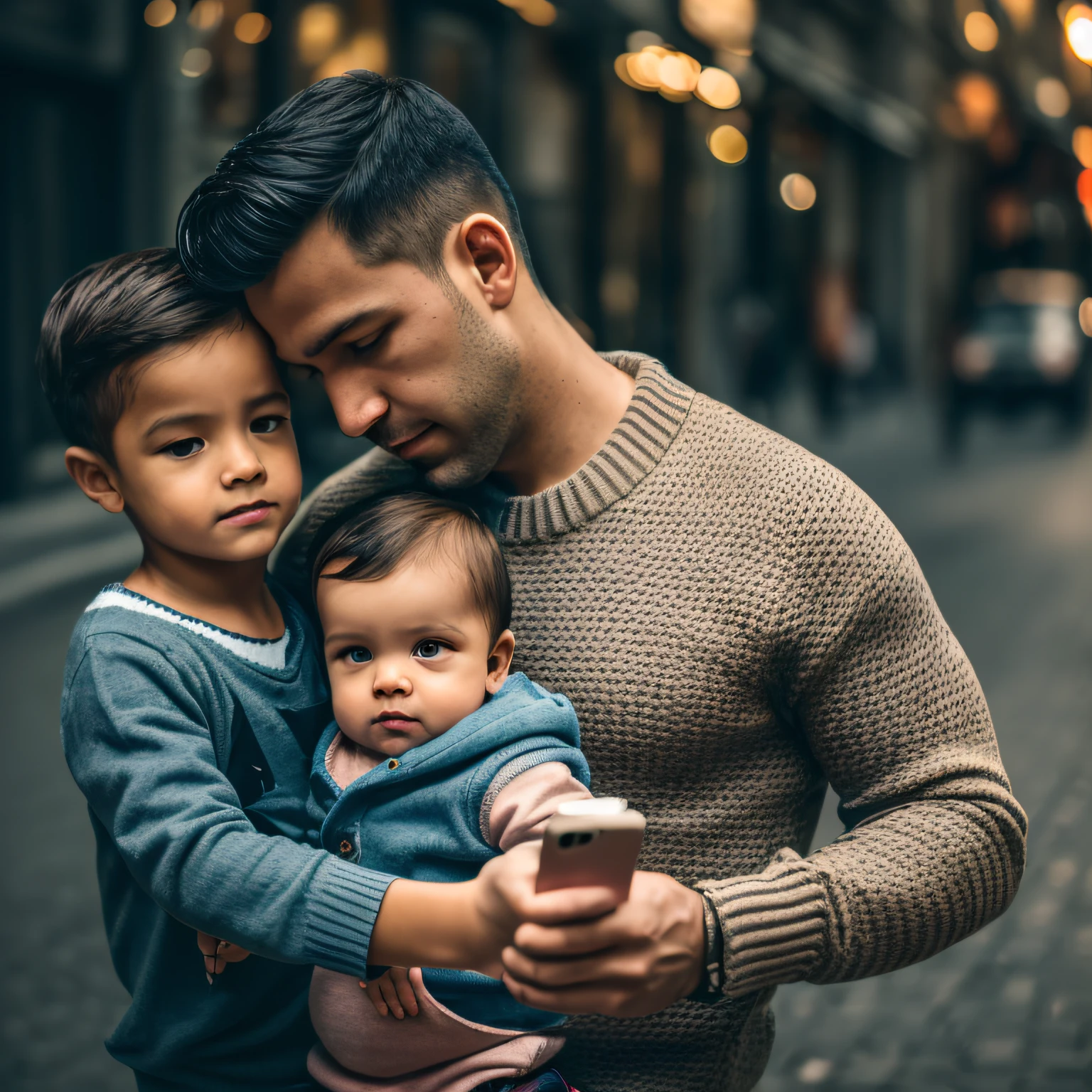 young father with his baby son ((upper body selfie, happy)), masterpiece, best quality, ultra-detailed, outdoor, (night), shopping, cheerful, happy, sweater, urban, smoke, shadows, contrast, clear sky, style (look at the viewer: 1.2) (skin texture) (film grain: 1.3), (warm tone, warm tone: 1.2), close-up, cinematic light, side lighting, ultra high res, best shade, RAW --auto