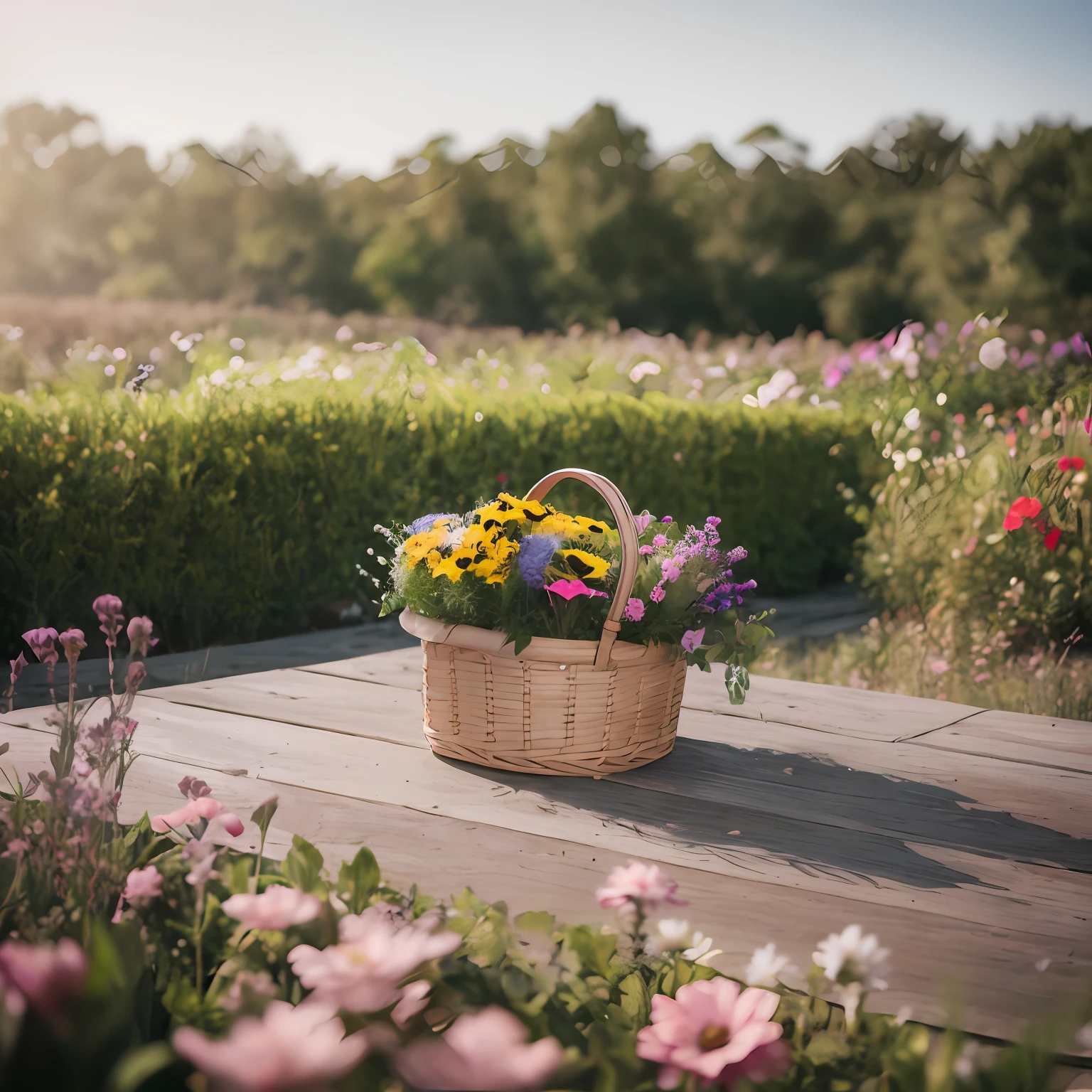 Professional photography style newborn topview, a basket over the garden with flowers and with a newborn dressed in a wool scarf in the center of the basket with children's props, plushies and flowers, professional photography, texture of vegetation and ultra realistic wood and cinematic lighting, ultra realistic, fog, background with complementary colors, ultra realistic, intricate details, Realistic textures, Depht of Fied, Nikon Z8 - - Air 2:3 --auto