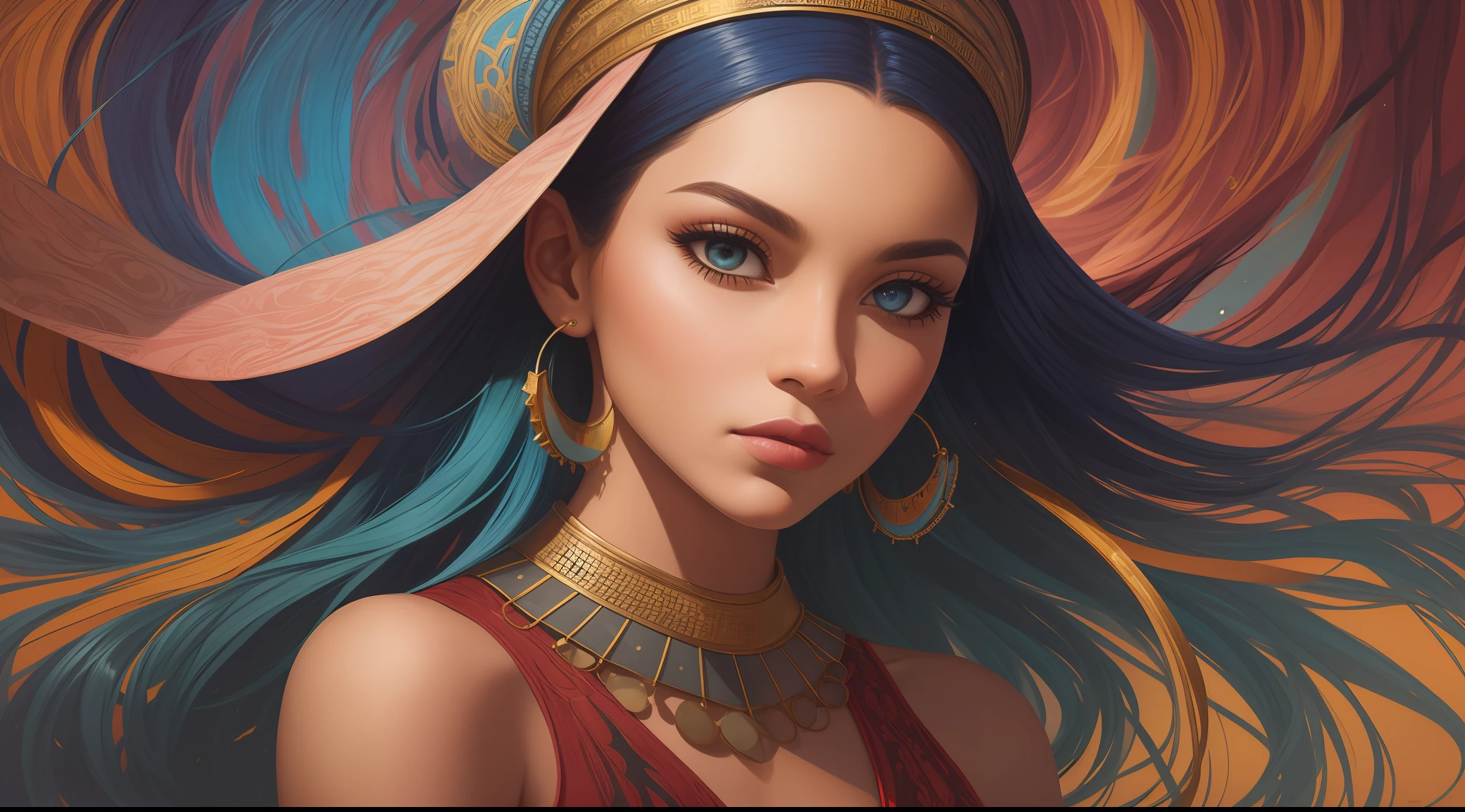 /imagine prompt: A vibrant and colorful portrait inspired by Afrofuturism. A young woman wearing an intricately patterned headscarf is depicted in a dynamic pose, exuding confidence and grace. The style draws inspiration from the works of Dmitri Danish and Rhads, showcasing bold and expressive brushstrokes. The image is filled with vivid and contrasting colors, creating a visually striking composition. The lighting adds depth and dimension, accentuating the subject's features and creating an engaging atmosphere. --ar 1:1