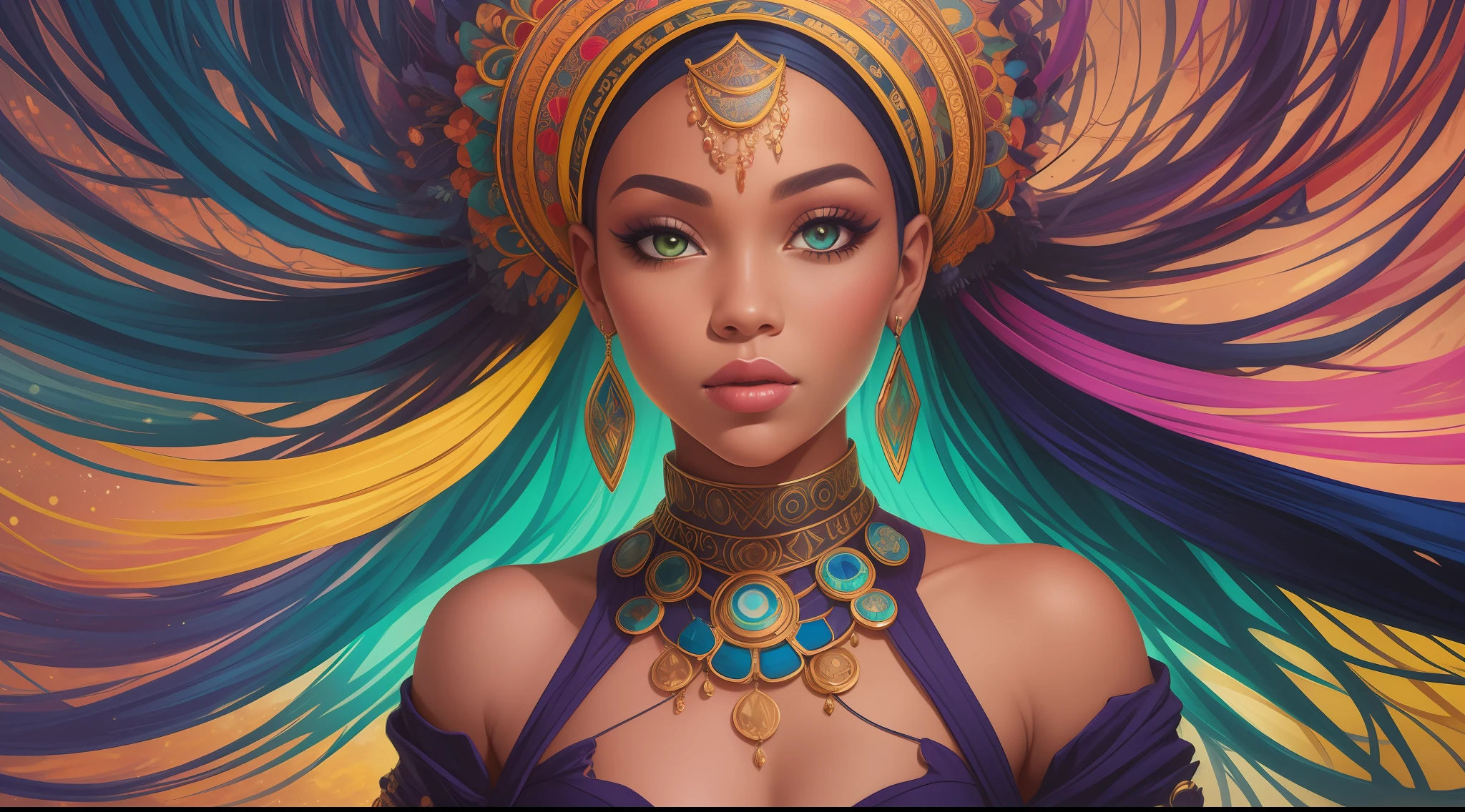 A vibrant and colorful portrait inspired by Afrofuturism. A young woman wearing an intricately patterned headscarf is depicted in a dynamic pose, exuding confidence and grace. The style draws inspiration from the works of Dmitri Danish and Rhads, showcasing bold and expressive brushstrokes. The image is filled with vivid and contrasting colors, creating a visually striking composition. The lighting adds depth and dimension, accentuating the subject's features and creating an engaging atmosphere. --ar 1:1
