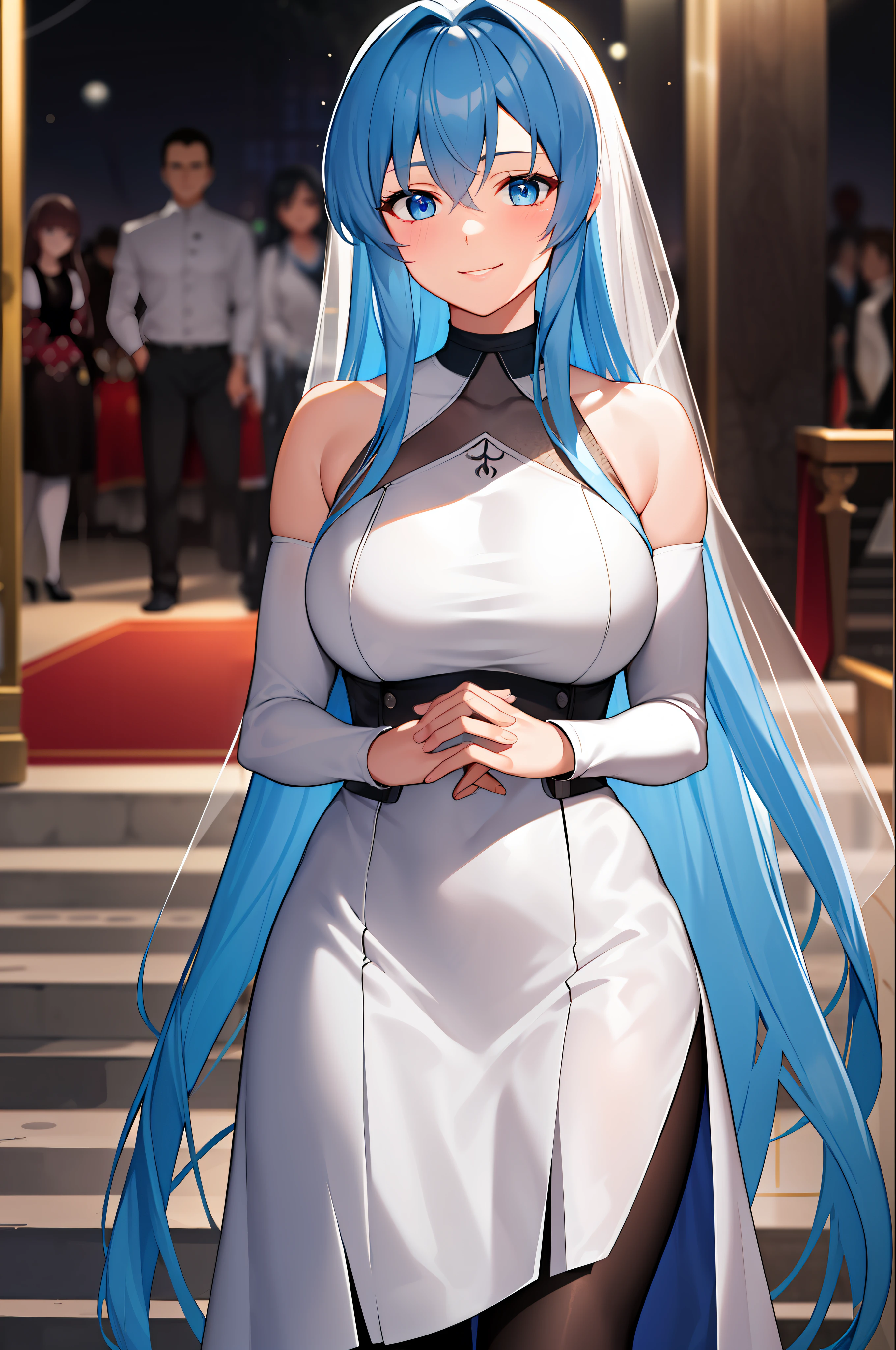 (masterpiece), (best quality),highres, ultra detailed,  esdeath, long hair ,blue hair, blue eyes, wedding wear , black wedding dress, black pantyhose, looking at viewer, goddess, detailed background, wedding ceremony, glamor, wallpaper, gentle smile, from front, facing viewer, hands together