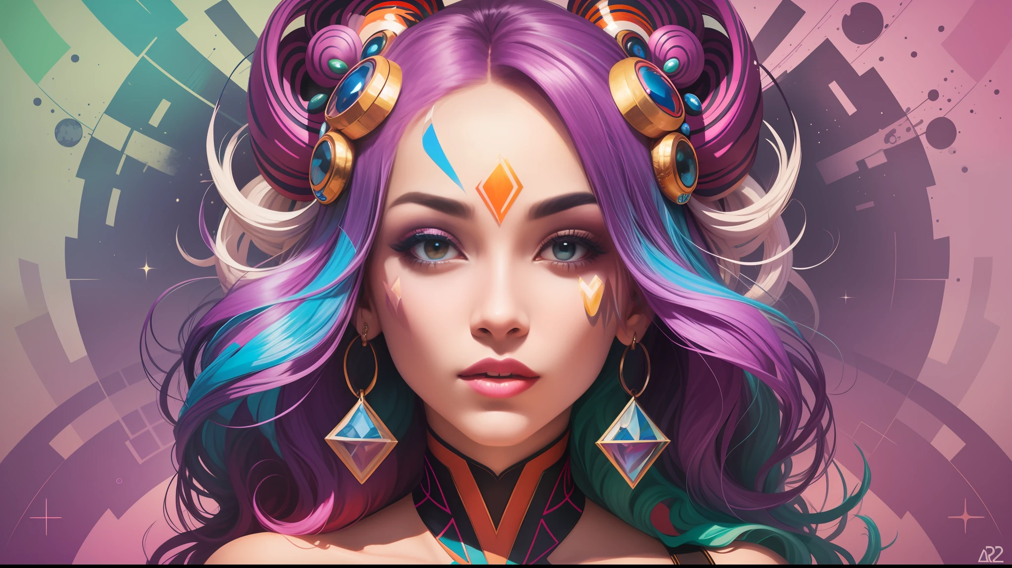 A vibrant and colorful portrait inspired by Afrofuturism. A young woman wearing an intricately patterned headscarf is depicted in a dynamic pose, exuding confidence and grace. The style draws inspiration from the works of Dmitri Danish and Rhads, showcasing bold and expressive brushstrokes. The image is filled with vivid and contrasting colors, creating a visually striking composition. The lighting adds depth and dimension, accentuating the subject's features and creating an engaging atmosphere. --ar 1:1