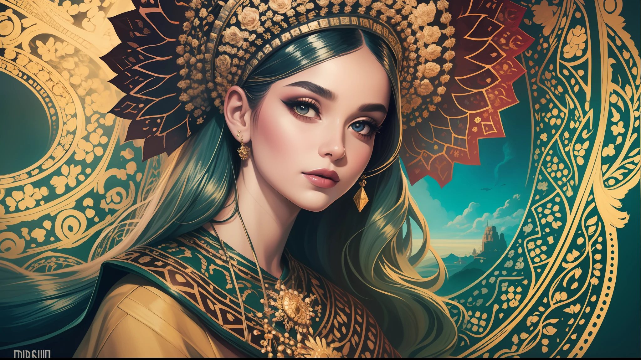 A vibrant and colorful portrait inspired by Afrofuturism. A young woman wearing an intricately patterned headscarf is depicted in a dynamic pose, exuding confidence and grace. The style draws inspiration from the works of Dmitri Danish and Rhads, showcasing bold and expressive brushstrokes. The image is filled with vivid and contrasting colors, creating a visually striking composition. The lighting adds depth and dimension, accentuating the subject's features and creating an engaging atmosphere. --ar 1:1
