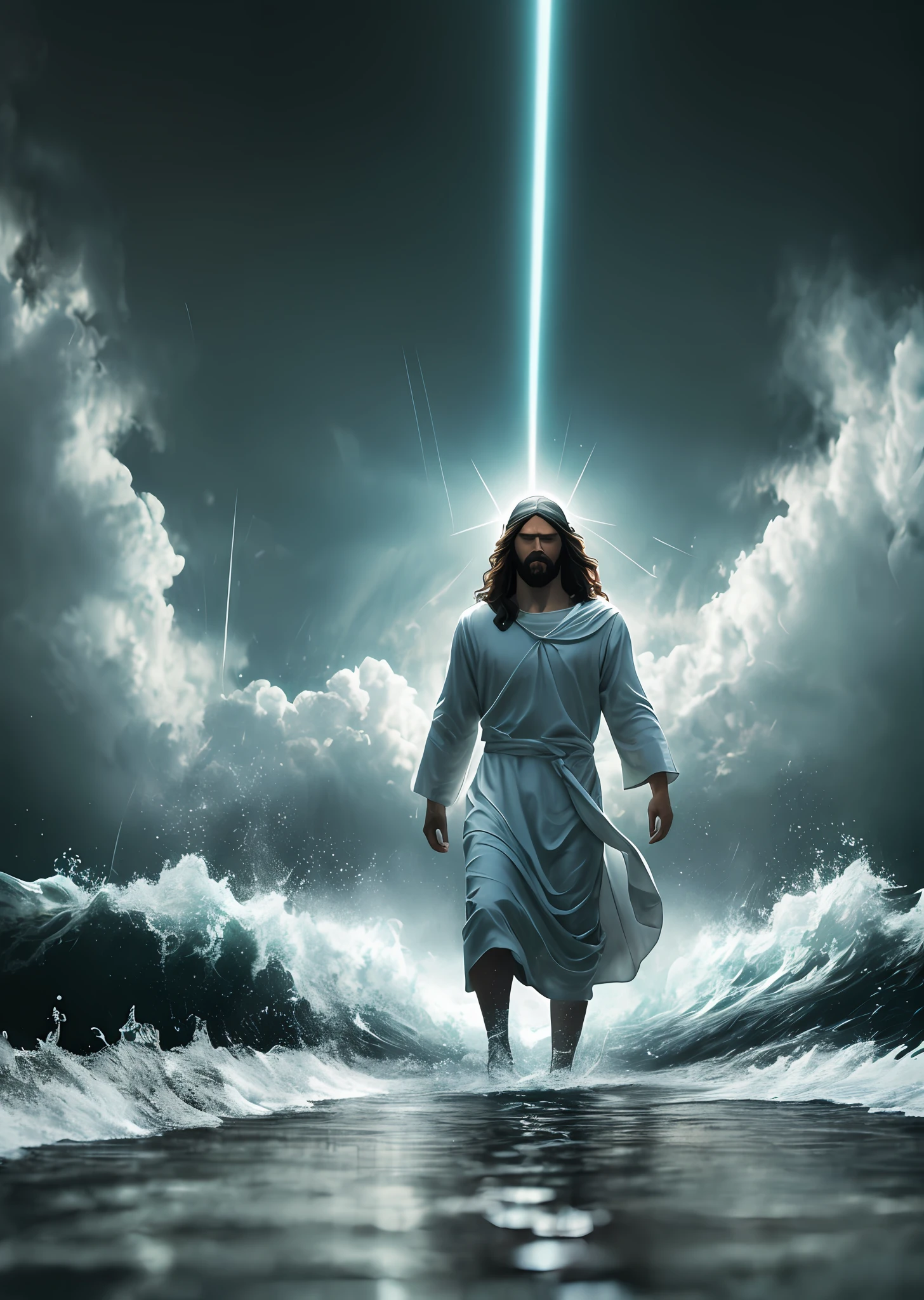 jesus walking on water in a storm, masterpiece, best quality, high quality, extremely detailed CG unit 8k wallpaper, award winning photography, Bokeh, Depth of Field, HDR, bloom, Chromatic aberration, photorealistic, extremely detailed, trending on artstation, trending on CGsociety, intricate, high detail, dramatic, mid-journey art, volumetric lighting