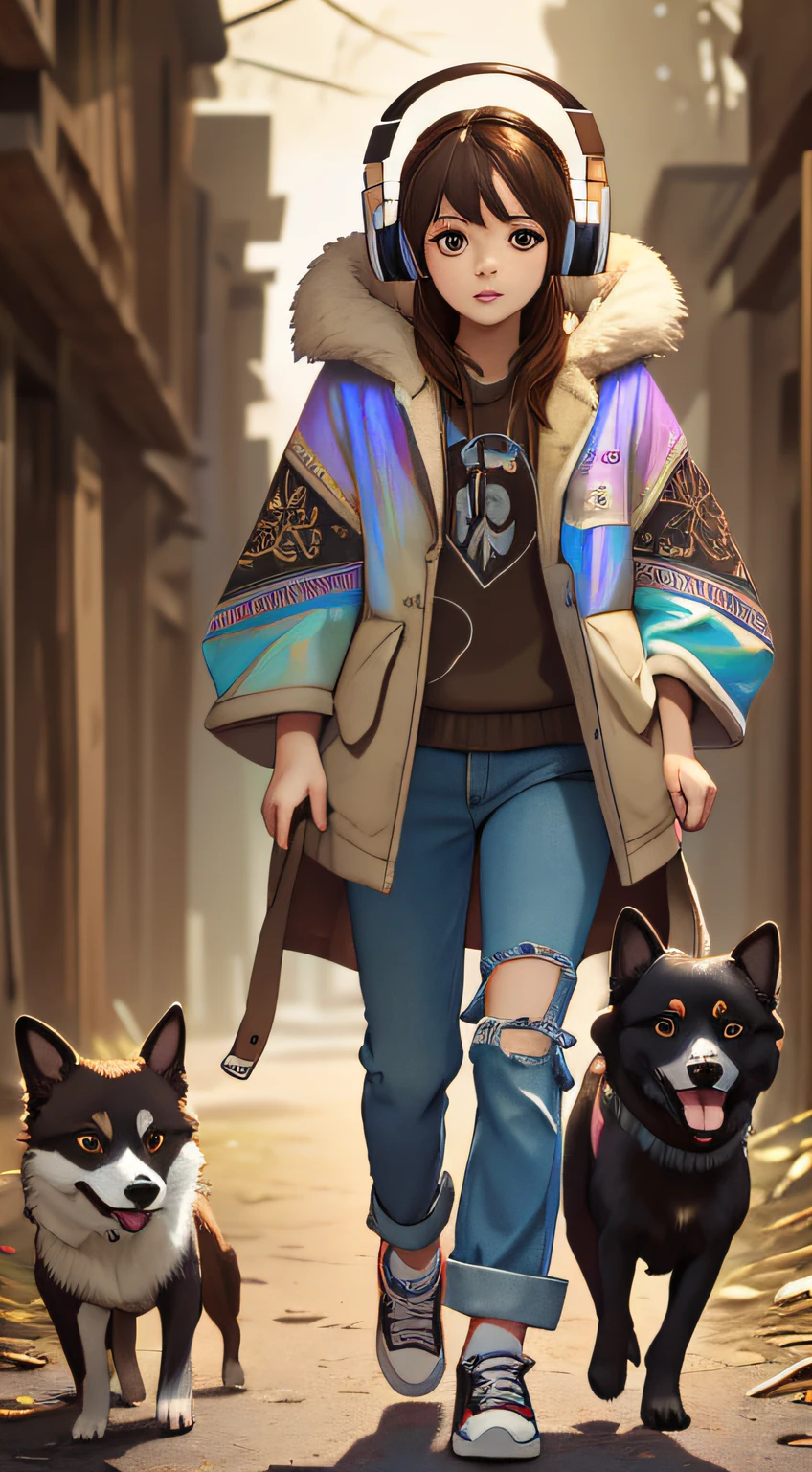 masterpiece, best illustration, woman 20 to 30 years old, short and voluminous brown curly hair, brown eyes, fur trim, standing walking through a constellation clearing, with her dog, wearing hooded coat down, torn pants and sneakers, with headphones, in the background constellation (\(intricate details\)\),colorful details,iridescent colors BREAK,\(\(best quality masterpiece\)\), 4k,ultra detailed,detailed lighting,\