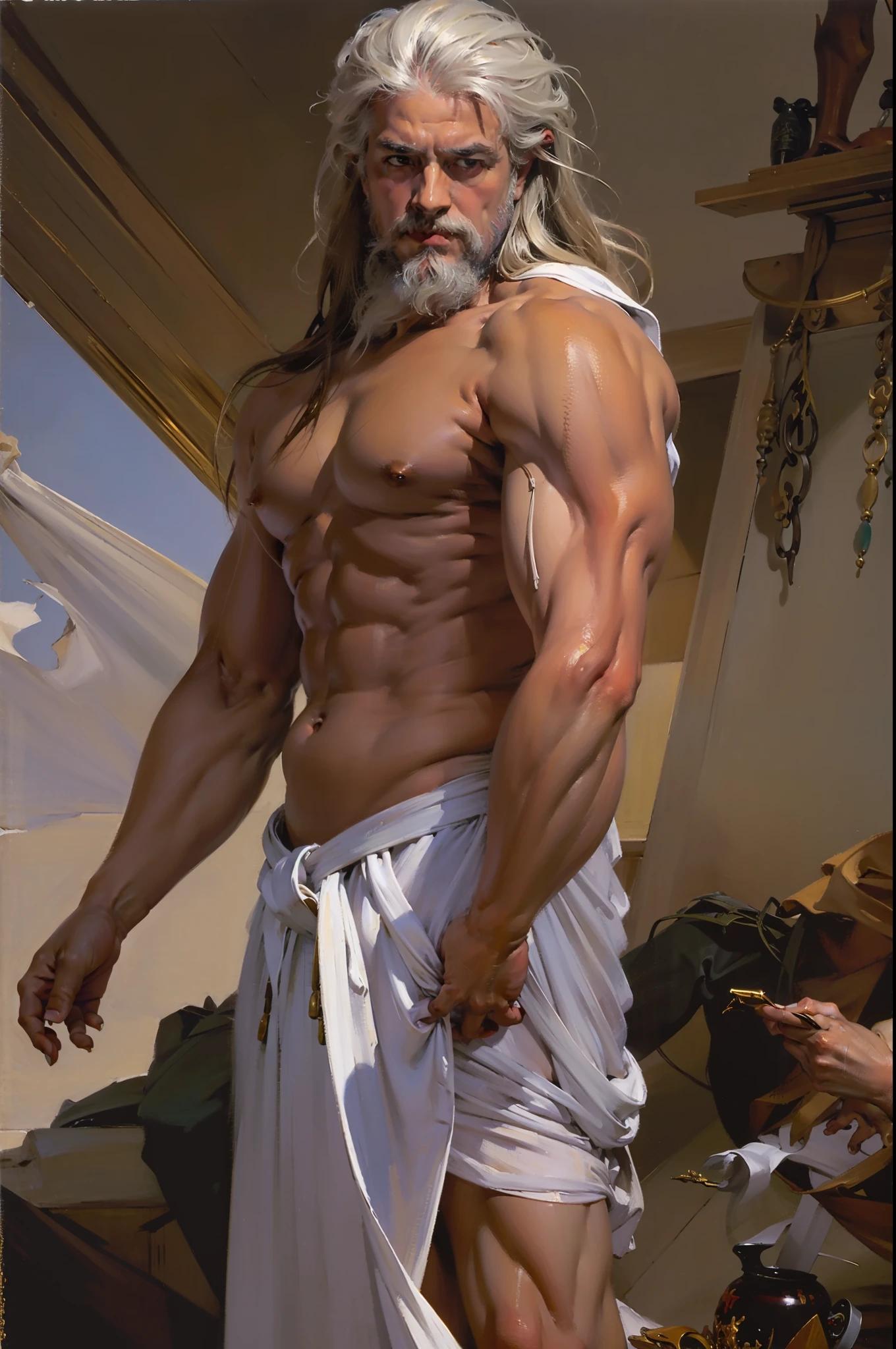 Painting of Zeus, the Greek God of thunder, a powerful and majestic figure with a regal and commanding presence, a tall and strong man with a chiseled physique, long flowing white hair and beard, his eyes shining with a radiant brilliance and light, wears a long flowing white robe, painting by Christophe Vacher, realist oil painting, classical realism