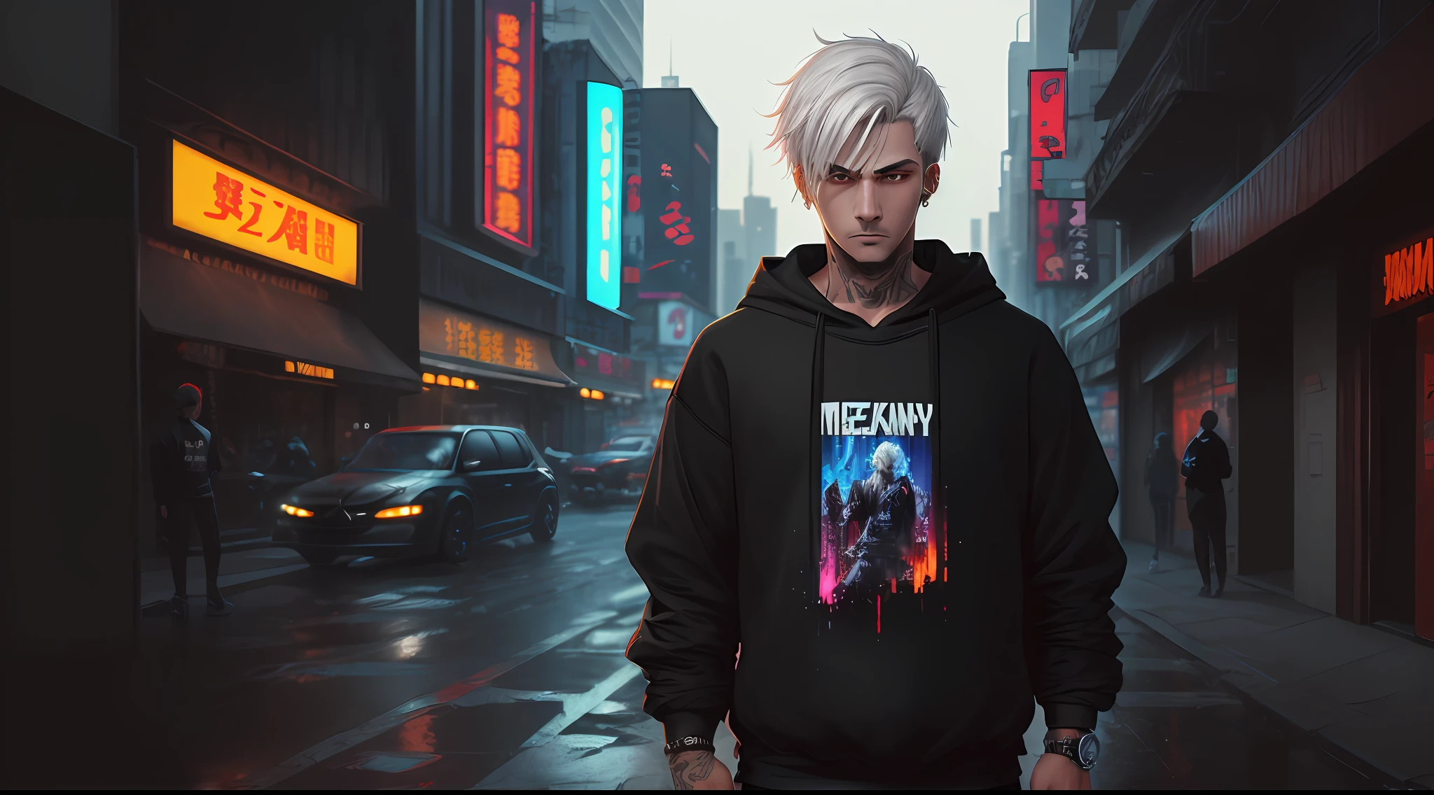 Cyberpunk male, new york city, city background, clean design, epic instagram, artstation, colorful ink splashes, silhouette, hyper detailed intricate details, unreal engine, fantasy, intricate details, home screen, complementary colors, Japanese concept art,yakuza, 8k resolution, deviantart masterpiece, oil painting, heavy strokes, ink drips, (isolated in city background: 1.3), rainbow skin, (((handsome young man))), ((: 2.5) ), (bright gray eyes), (((clear eyes)), ((((short white hair: 1.1))), (((sweatshirt clothes)), (man\\(indifferent expression\\),(((Wears black sweatshirt set)))), white hair, ice magic, ((chest) --auto --v 6