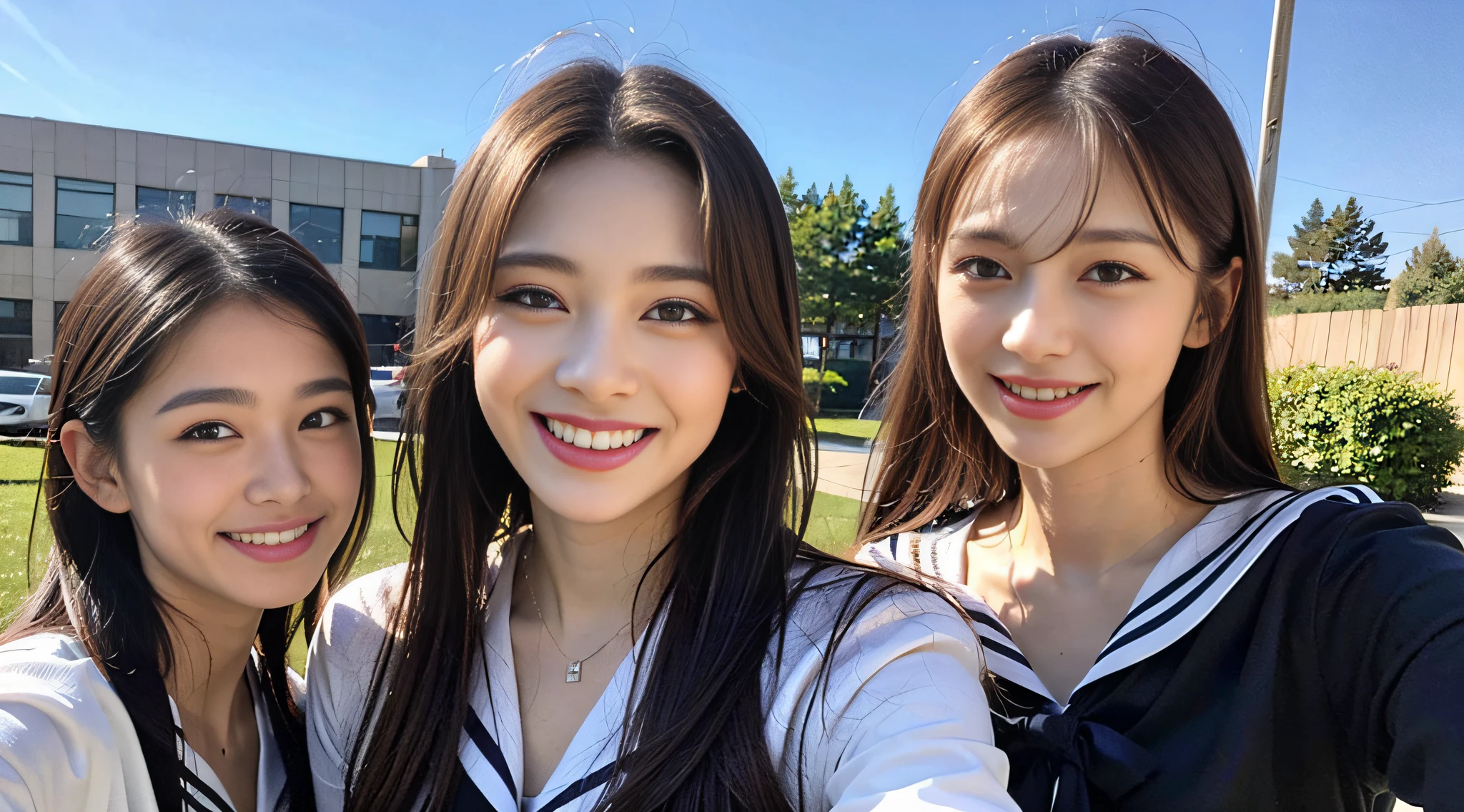 (8k, RAW photos, top quality, masterpiece: 1.2), ultra detail, super resolution, (realistic, actual photos: 1.37), (photorealistic: 1.6), eating lunch on the roof of the school. , Fantastic landscape, modern school uniform, fashionable sailor suit, school rooftop, lunch break, fashionable school, futuristic city, school of the future, future, future world, fantastic world, new world, high resolution RAW color photos, professional photos, very detailed and beautiful, (pointing at the camera), real lights (with arms wide open and palms facing us), smile so much that you can see your teeth, Beautiful scenery mixed with light, very detailed sailor suit, amazingly cute female proofreading, amazing cute smile, transcendent cute face, amazing details, red scarf, very detailed beautiful girls, different pattern face, one is ponytail, modern cute schoolgirl, very detailed face very detailed eyes, very realistic skin, very detailed fingers, very detailed nose, very detailed mouth, Perfect anatomy, highly detailed sailor suit, highly detailed background,after school,。 full of smiles, long straight hair, (dull bangs: 1.2), Celebrity level cuteness, high school girl youth (pink eye shadow)