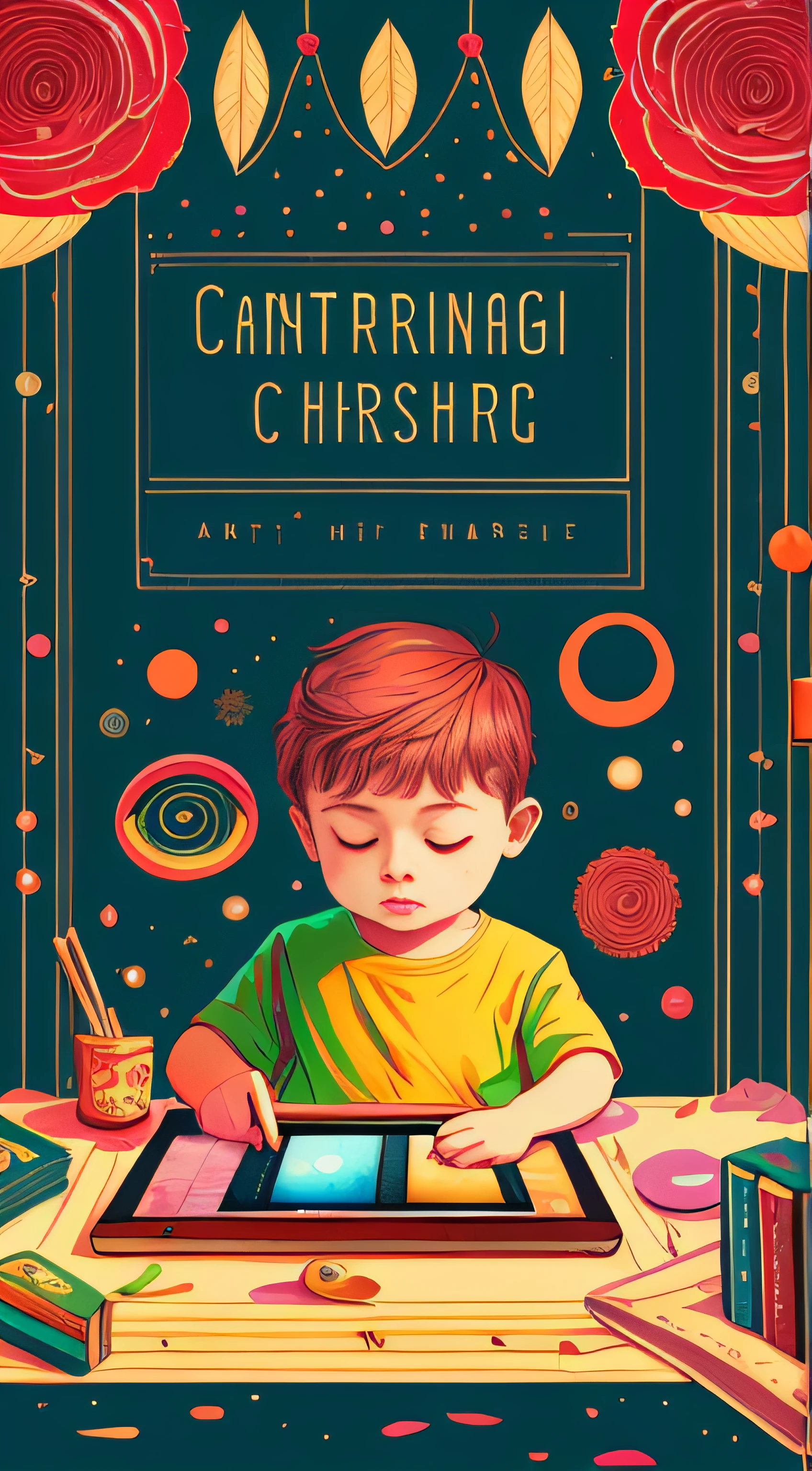 A child in the center making art on a kindle, with a colorful background, textless book cover, center, fantasy