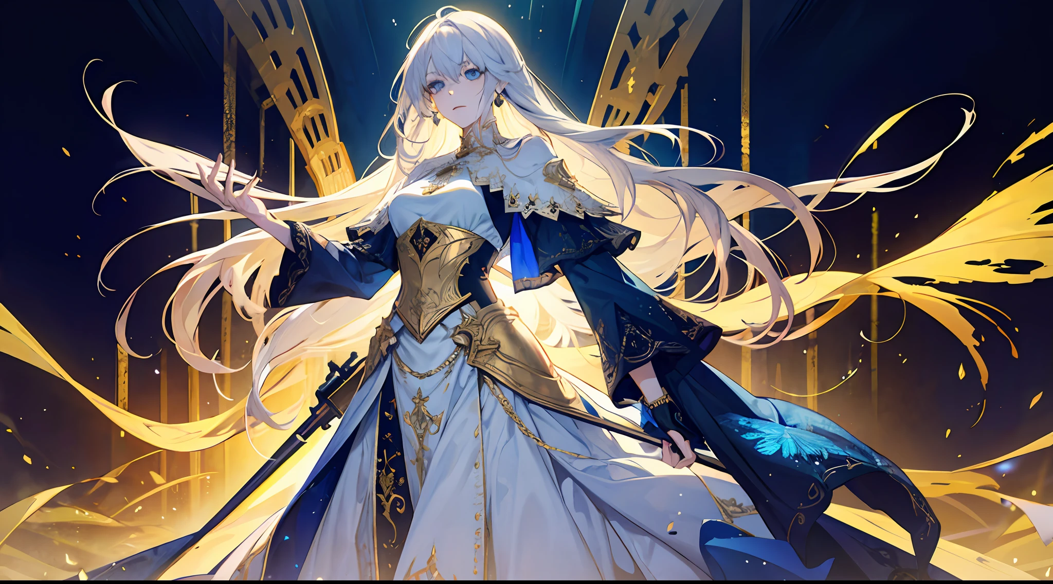 16k, best quality, a woman, tall, beautiful, otherworldly, elegant, blue eyes, full body, long blonde hair, platinum dress, (exquisite), long skirt, golden armor, extreme details, golden streamer surrounding, angel descending, masterpiece, concept art, hands open, facial details presented, great, palatial palace with background, (princess outfit), dignified,