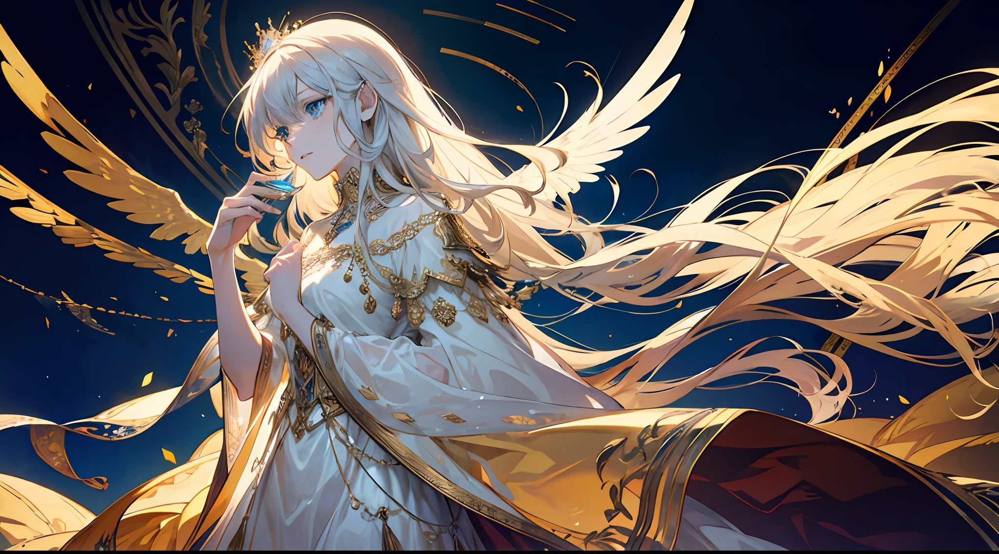 16k, best quality, a woman, tall, beautiful, otherworldly, elegant, blue eyes, full body, long blonde hair, platinum dress, (exquisite), long skirt, golden armor, extreme details, golden streamer surrounding, angel descending, masterpiece, concept art, hands open, facial details presented, great, palatial palace with background, (princess outfit), dignified,