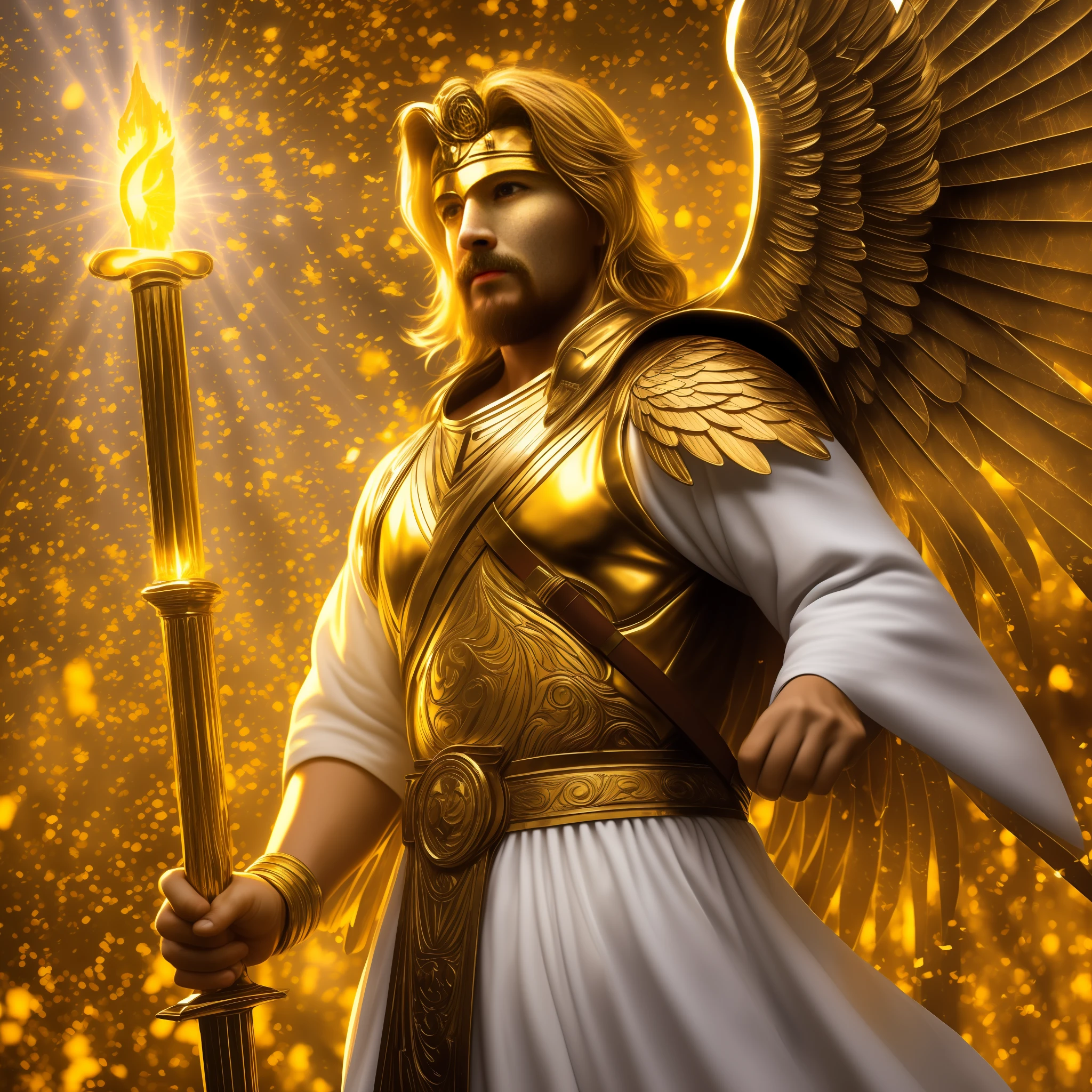 ( best quality,8k, masterpiece) ,(a strong angel with man's face shining with golden light, angel standing in a garden with a fire sword in hand guarding the garden, guardian angel, epic, wearing white robes he has large wings with celestial aura, various rays of glory, golden lights, body of light)