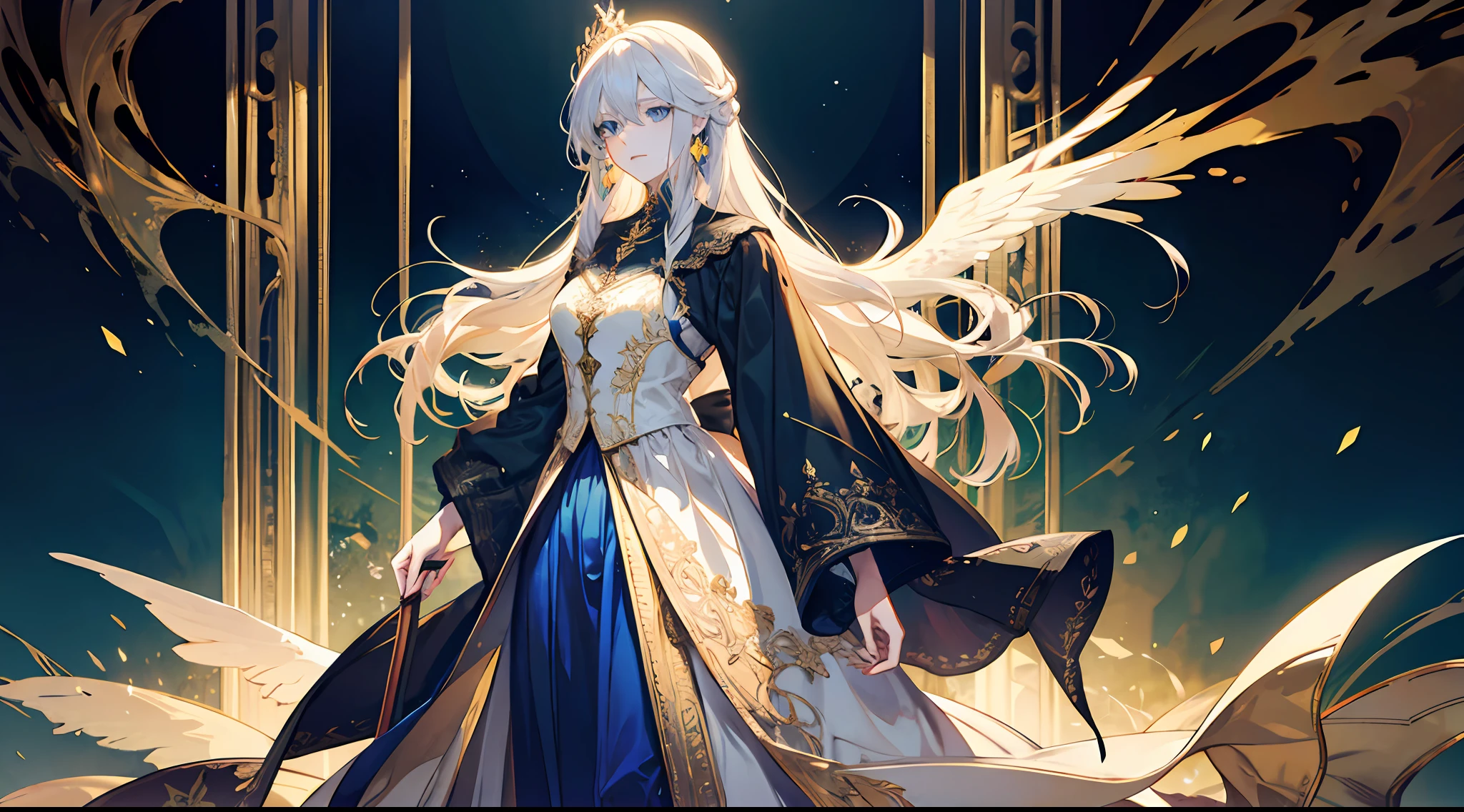 16k, best quality, a woman, tall, beautiful, otherworldly, elegant, blue eyes, full body, long blonde hair, platinum dress, (exquisite), long skirt, golden armor, extreme details, golden streamer surrounding, angel descending, masterpiece, concept art, hands open, facial details presented, great, palatial palace with background, (princess outfit), dignified,